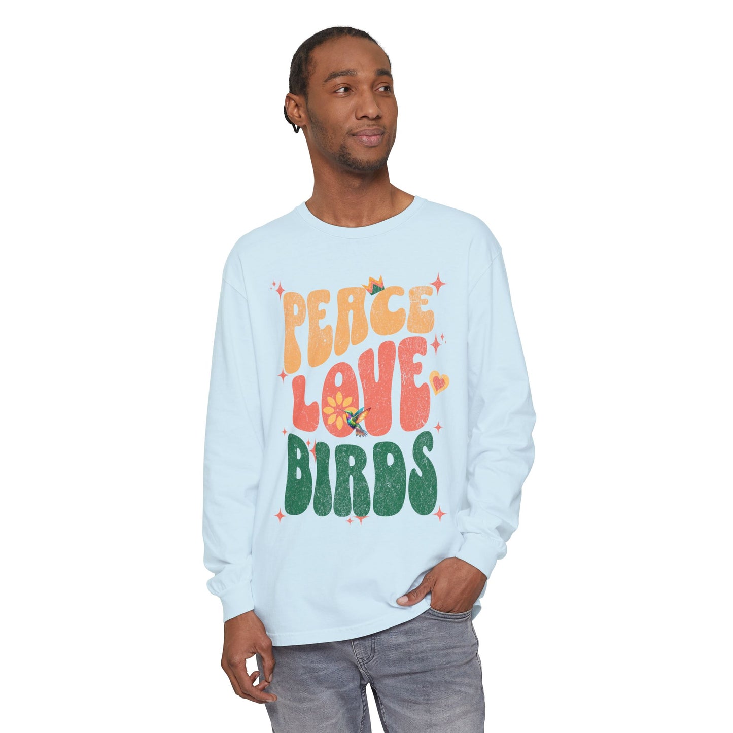 Peace Love Birds Long Sleeve T-Shirt - Unisex Garment-Dyed Tee for Relaxed Vibes