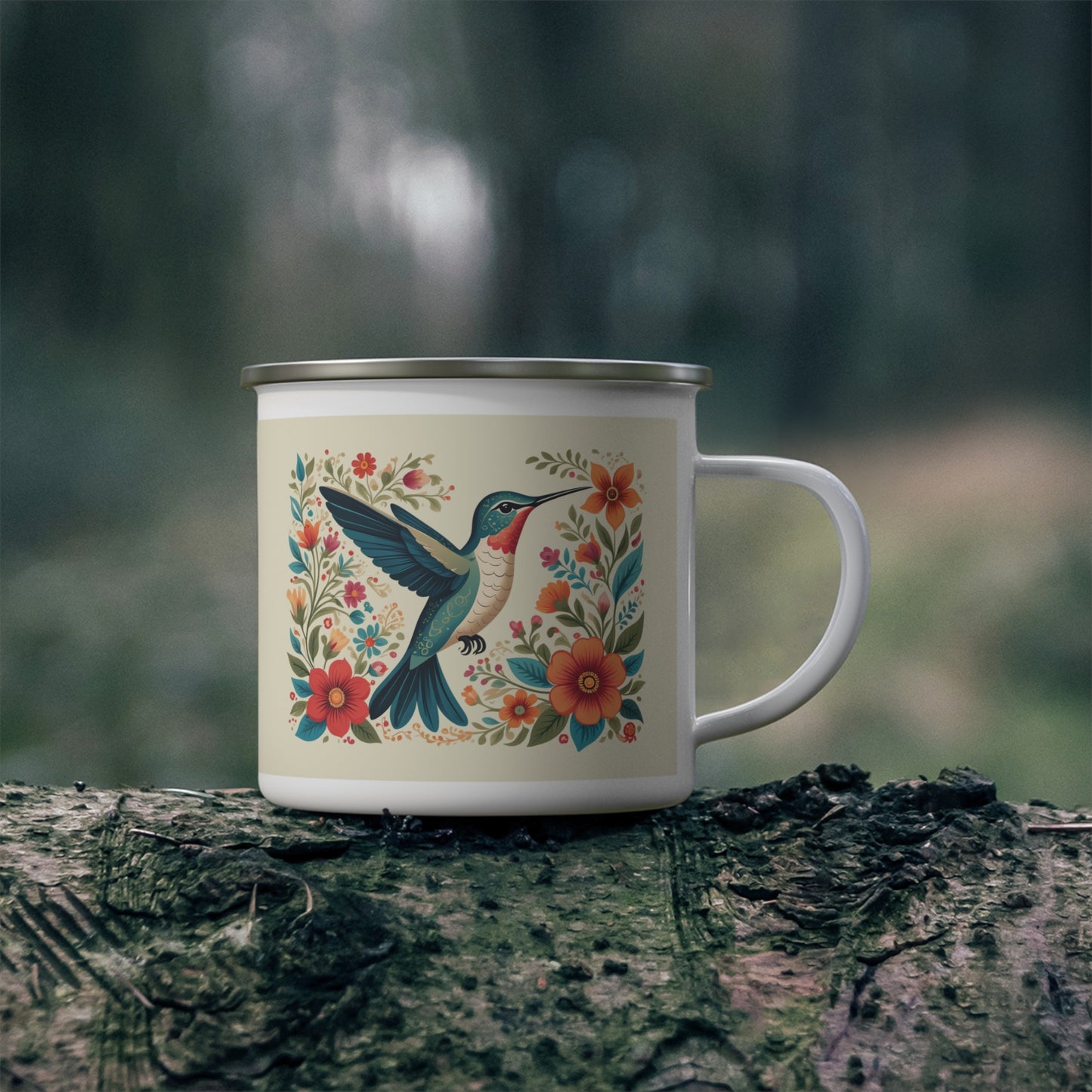 Hummingbird In Bloom Enamel Camping Mug - Nature Lover Gift, Outdoor Adventure Drinkware