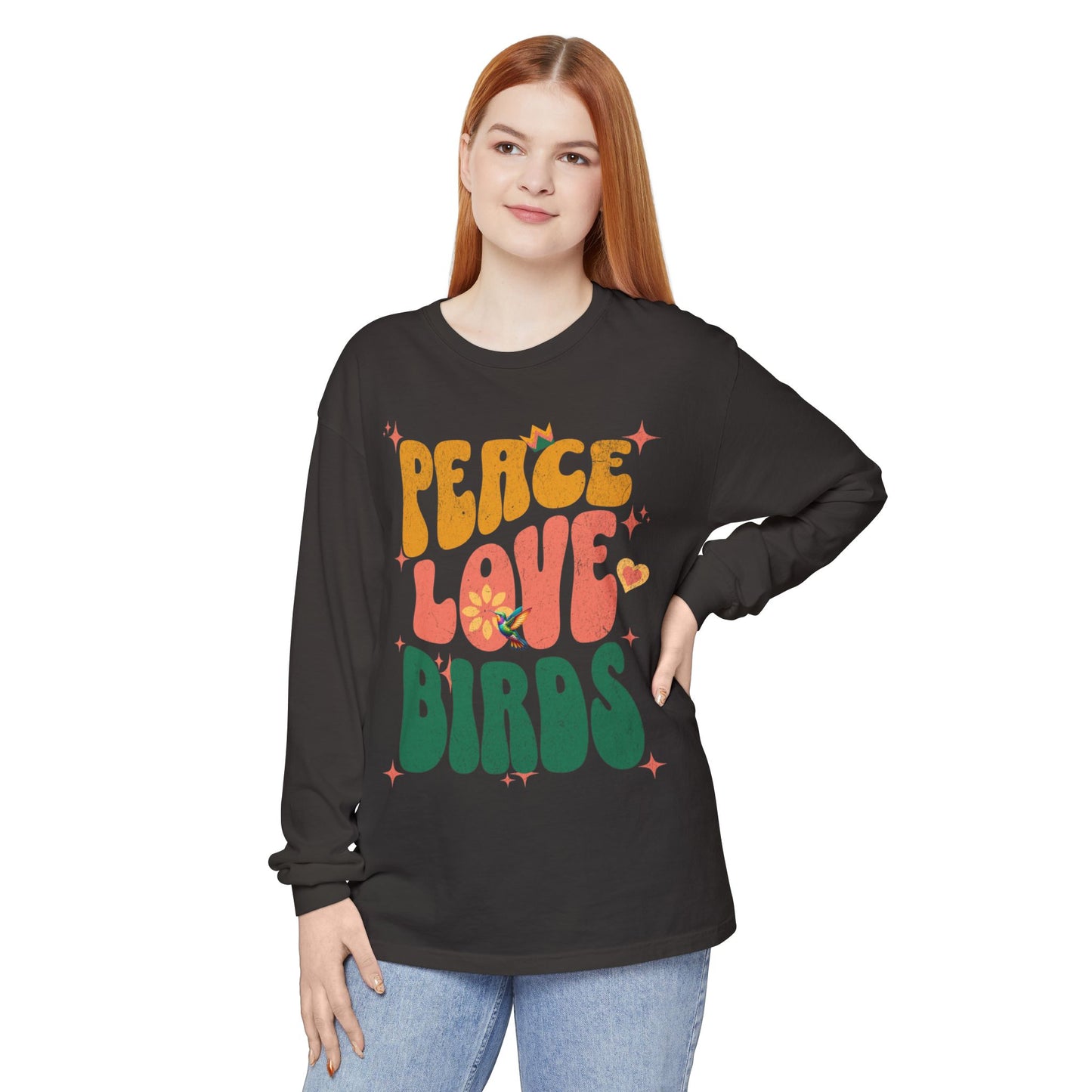Peace Love Birds Long Sleeve T-Shirt - Unisex Garment-Dyed Tee for Relaxed Vibes