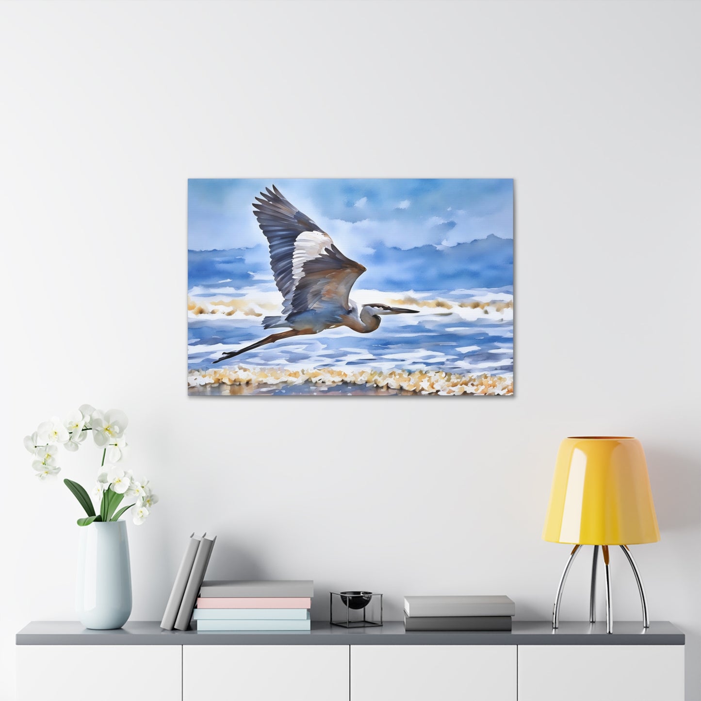 Soothing Coastal Canvas Gallery Wraps featuring Majestic Heron in Flight