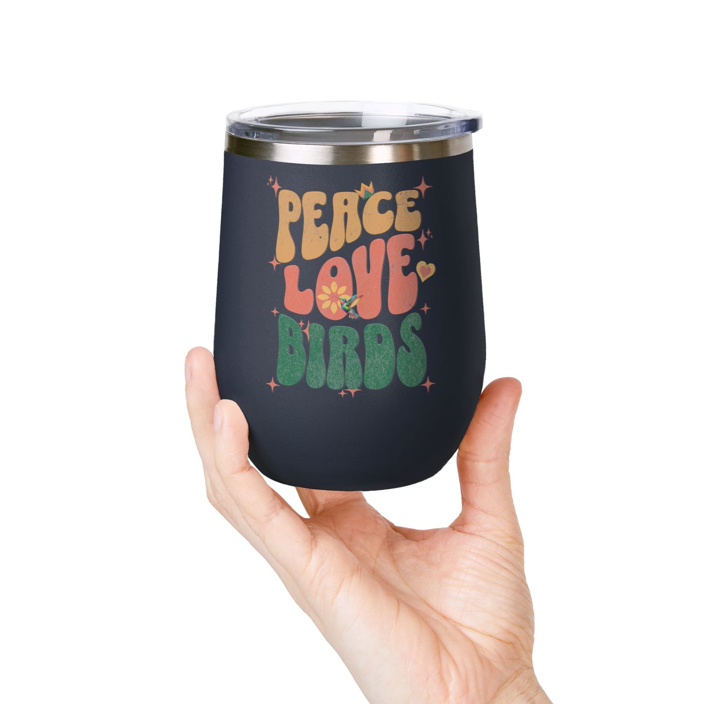 Peace Love Birds Wine Tumbler - 12oz Insulated Cup for Nature Lovers