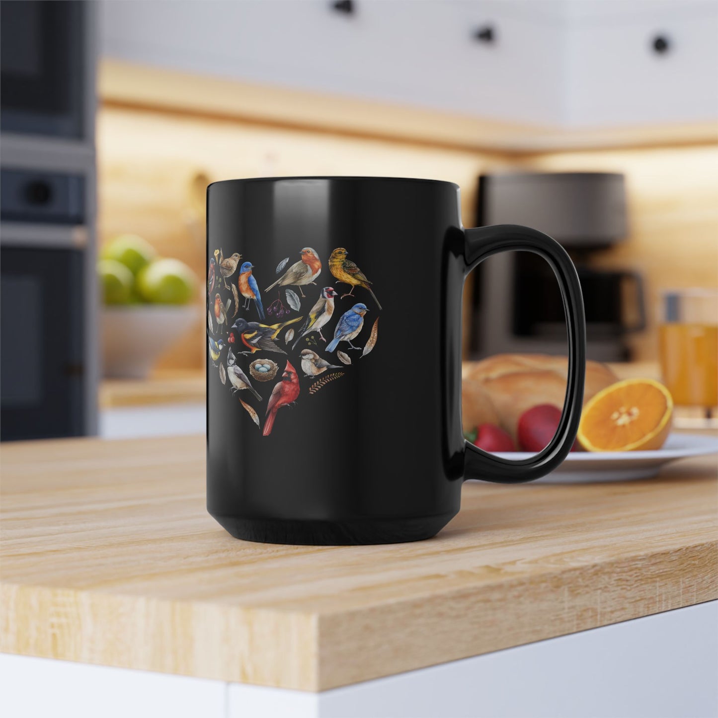 Heart of Birds Stylish Glossy Ceramic Black Mug