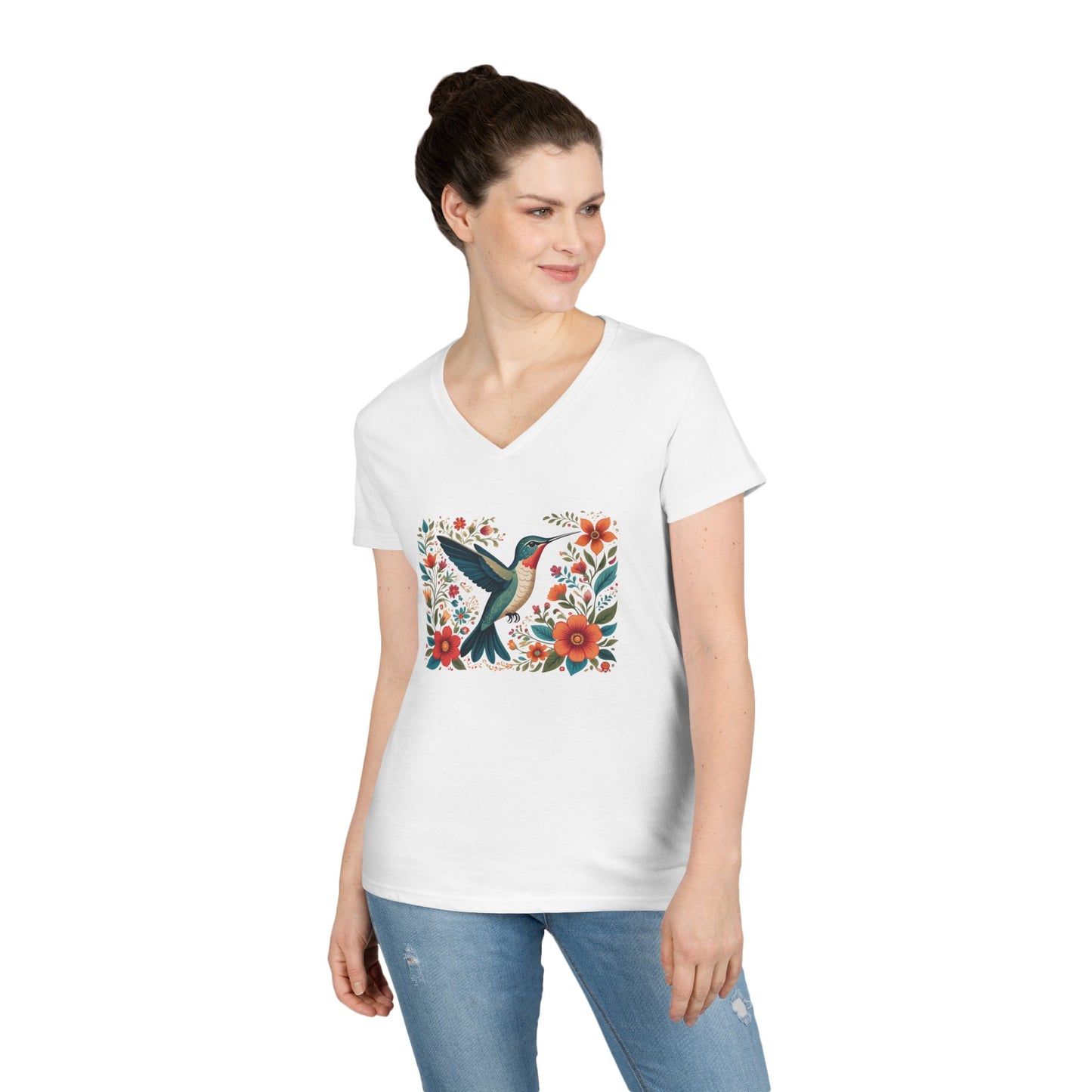 Hummingbird Blooms Ladies' V-Neck T-Shirt