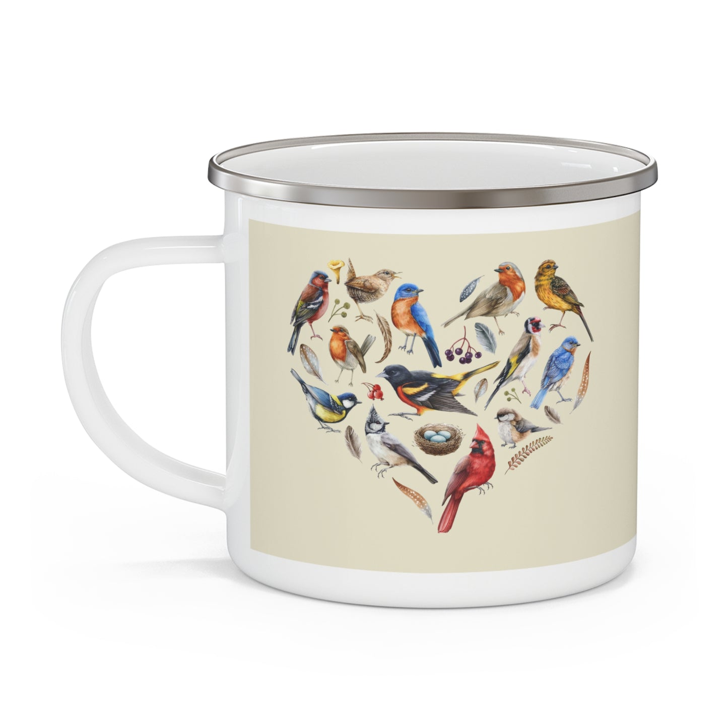 Heart of Birds Enamel Camping Mug - Nature Lover Gift, Outdoor Adventure Drinkware