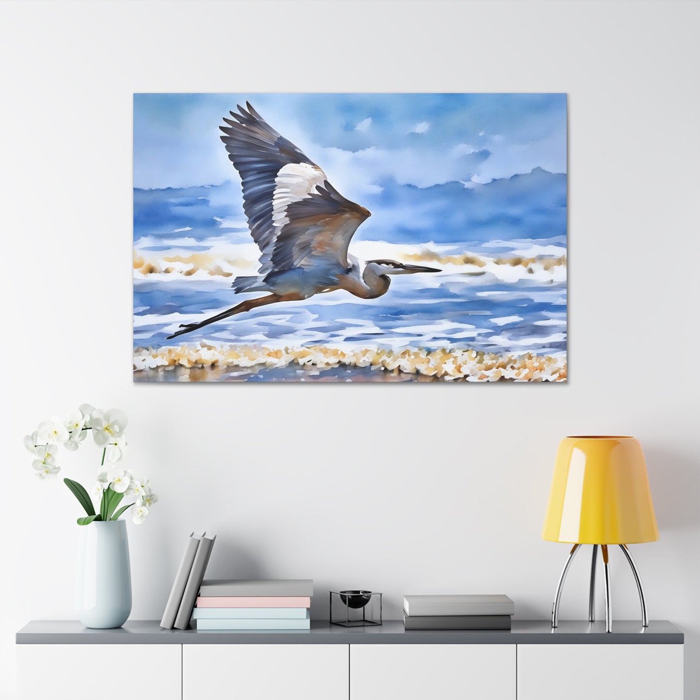 Soothing Coastal Canvas Gallery Wraps featuring Majestic Heron in Flight