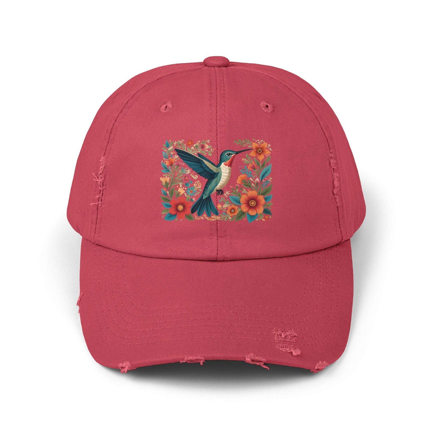 Hummingbird In Bloom Vintage Style Hat - Unisex Distressed Cap