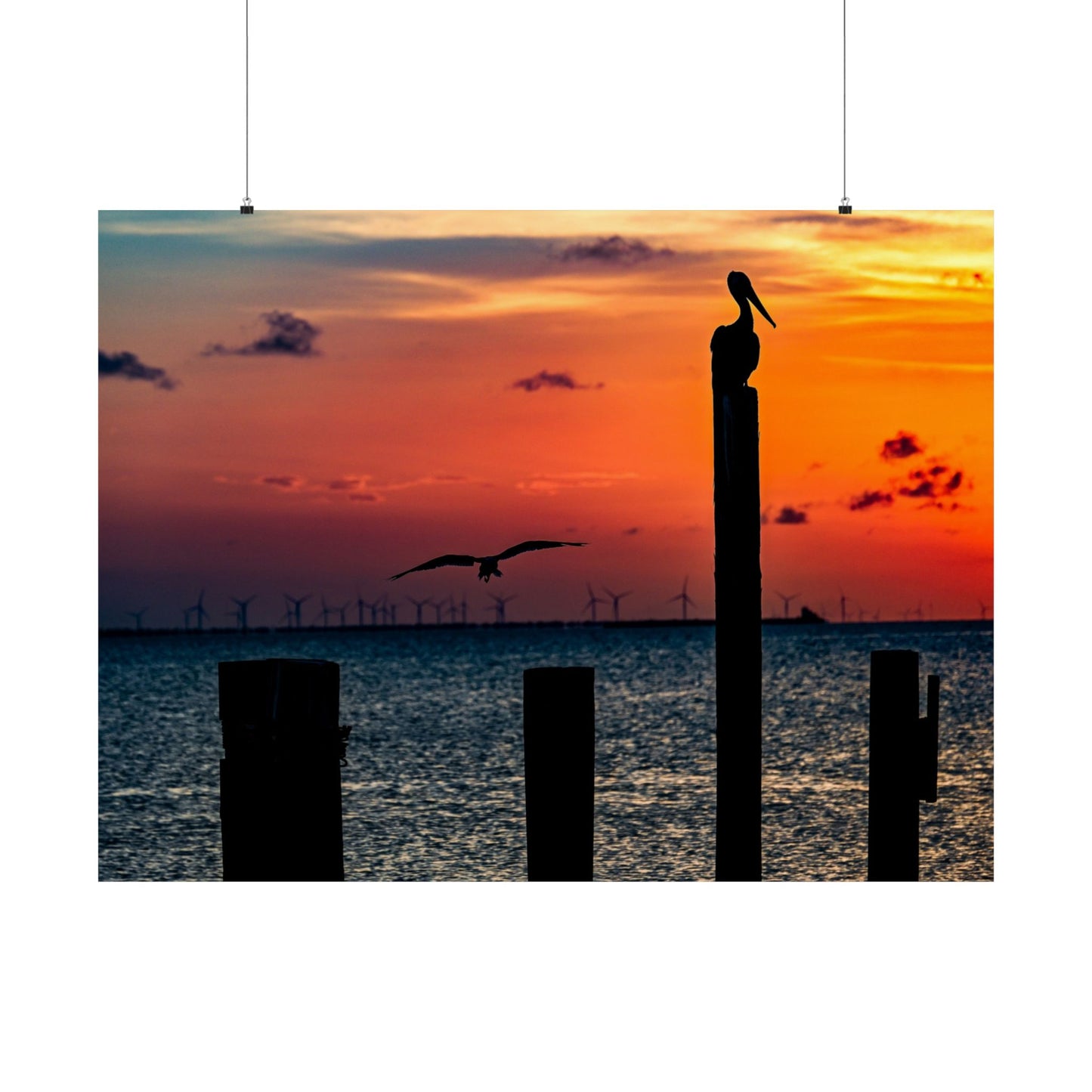 Scenic Matte Horizontal Poster - Serene Sunset with Pelicans and Wind Turbines