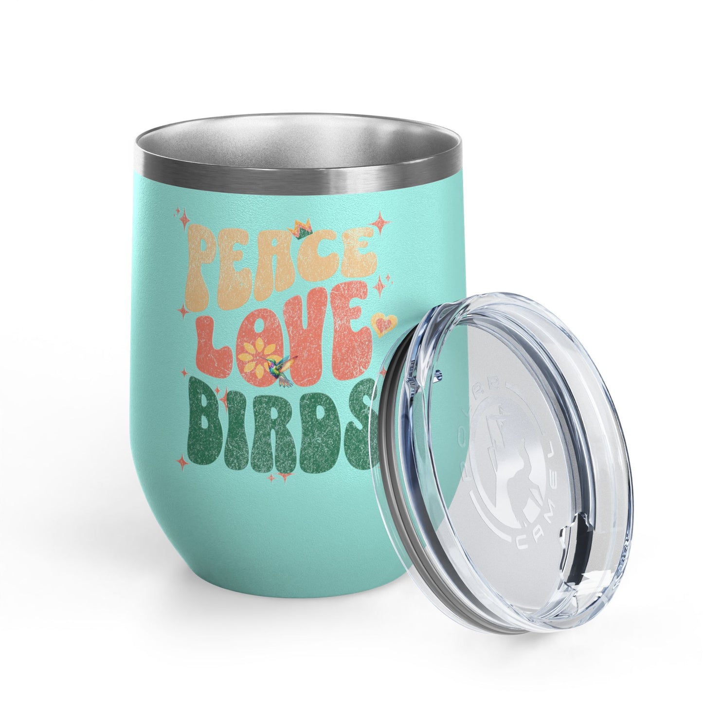 Peace Love Birds Wine Tumbler - 12oz Insulated Cup for Nature Lovers