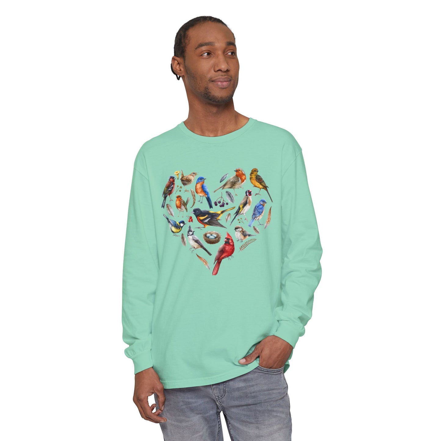 The Nerdy Birder Bird Heart Unisex Garment-dyed Long Sleeve T-Shirt