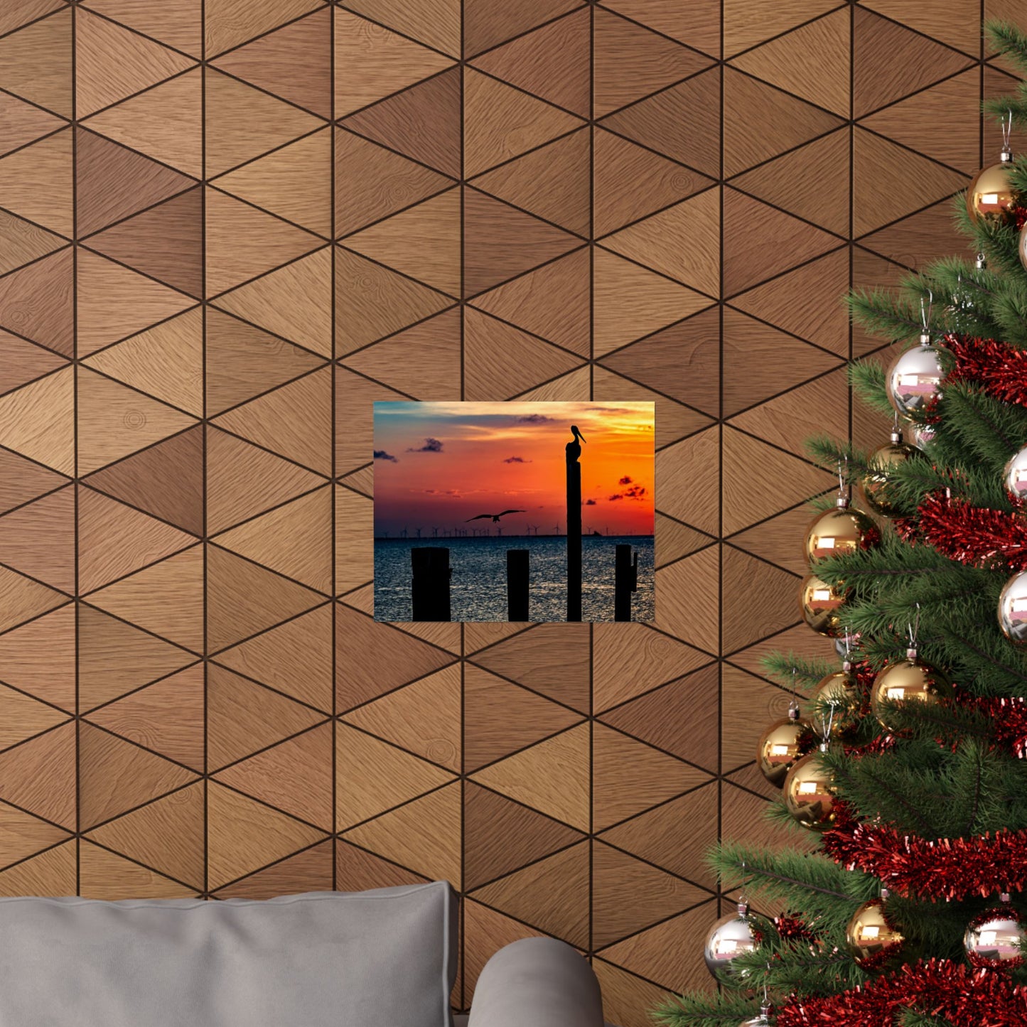Scenic Matte Horizontal Poster - Serene Sunset with Pelicans and Wind Turbines