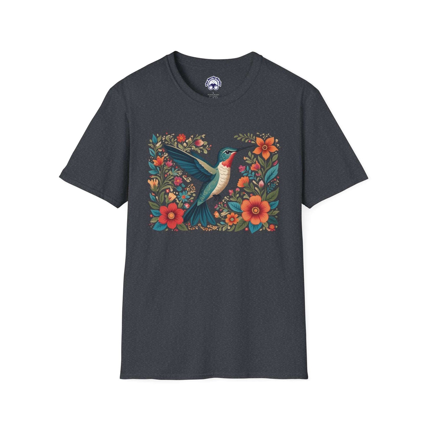 The Nerdy Birder Hummingbird in Bloom – Artistic Nature Unisex Softstyle T-Shirt