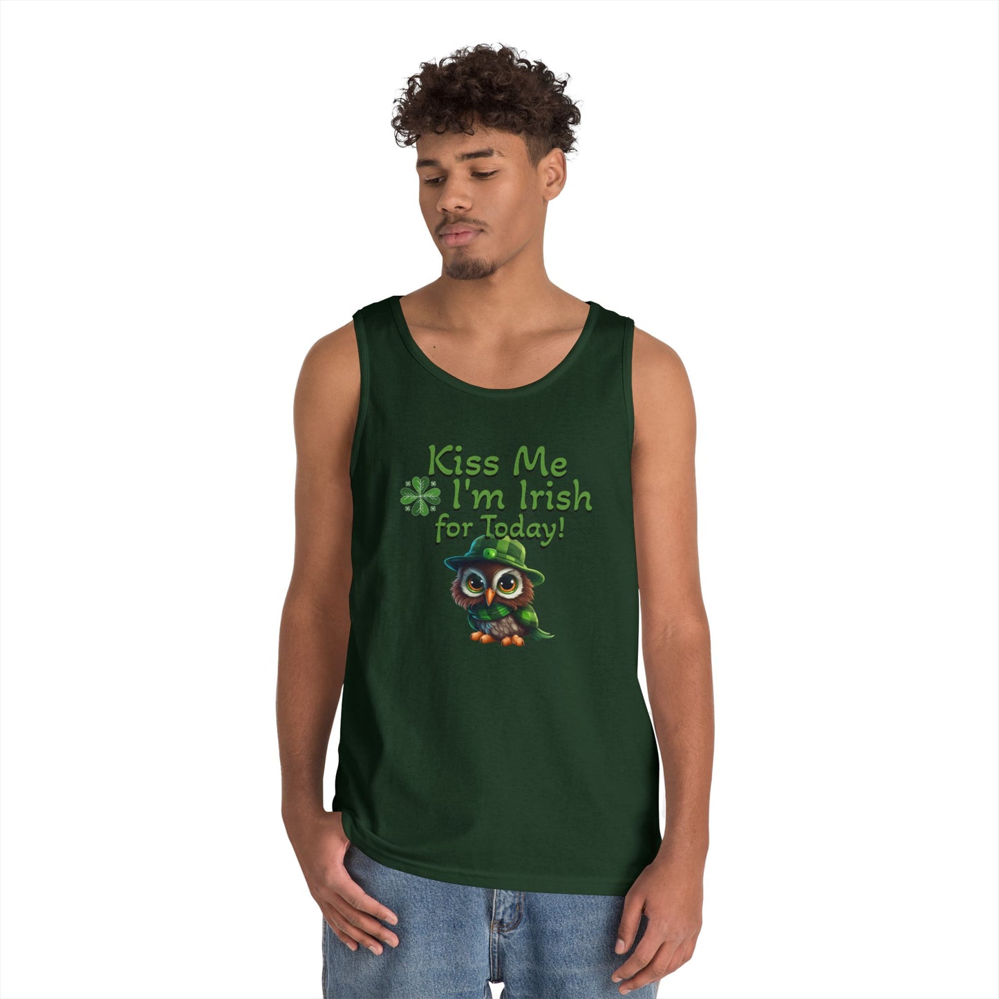 St. Patrick's Day Owl Lover's Unisex Heavy Cotton Tank Top - Fun and Playful 'Kiss Me I'm Irish for Today' Design