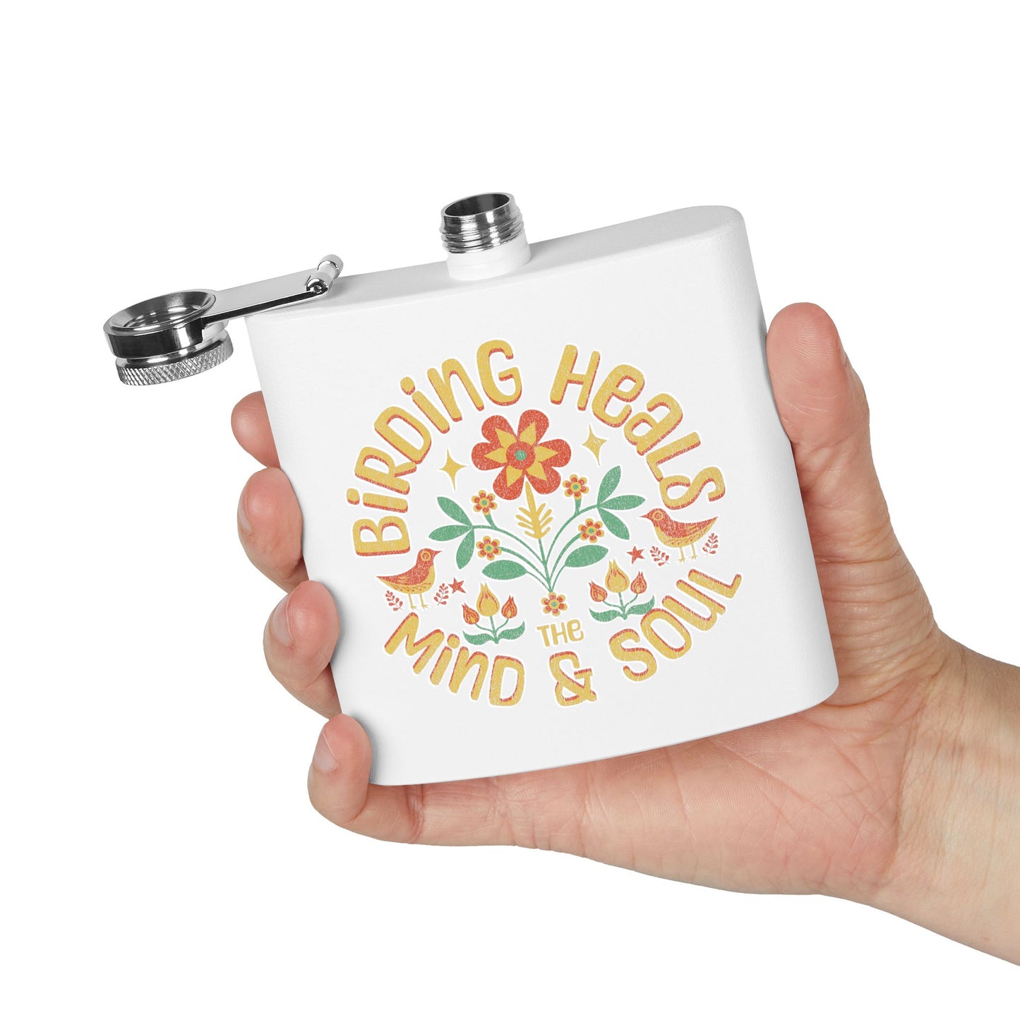 Birding Heals Birder Flask | Stainless Steel 6oz Hip Flask for Nature Lovers, Outdoor Adventures, Gifts for Birders, Hiking Accessory