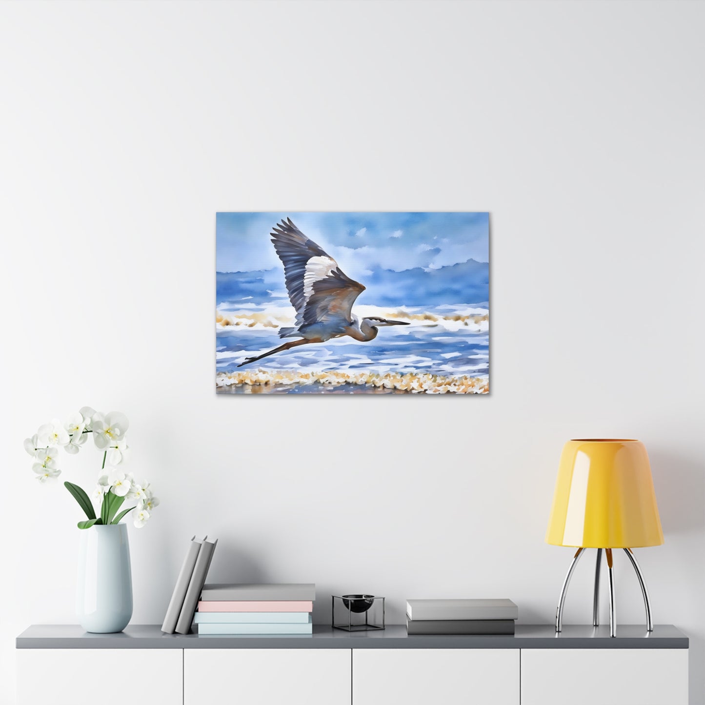 Soothing Coastal Canvas Gallery Wraps featuring Majestic Heron in Flight