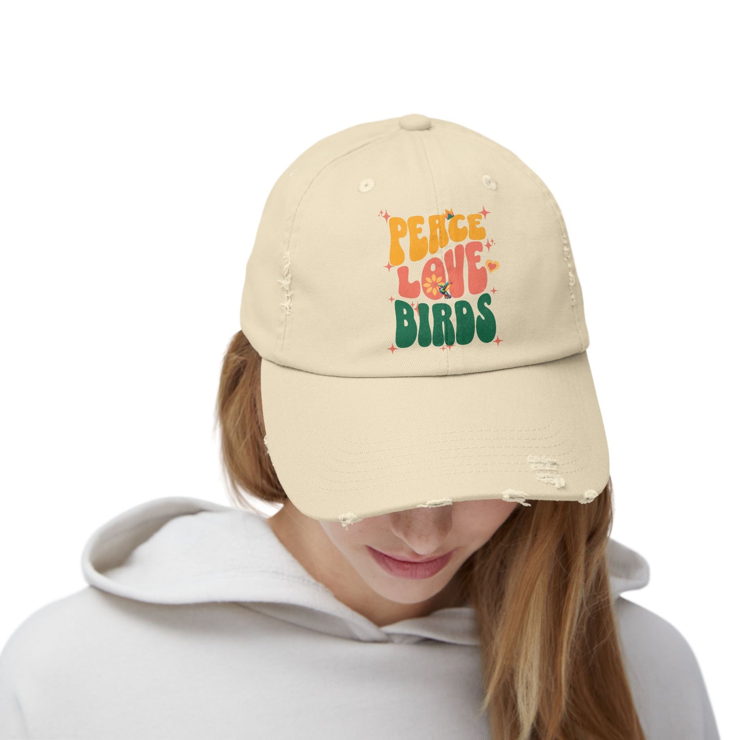 Peace Love Birds Vintage Style Hat - Unisex Distressed Cap