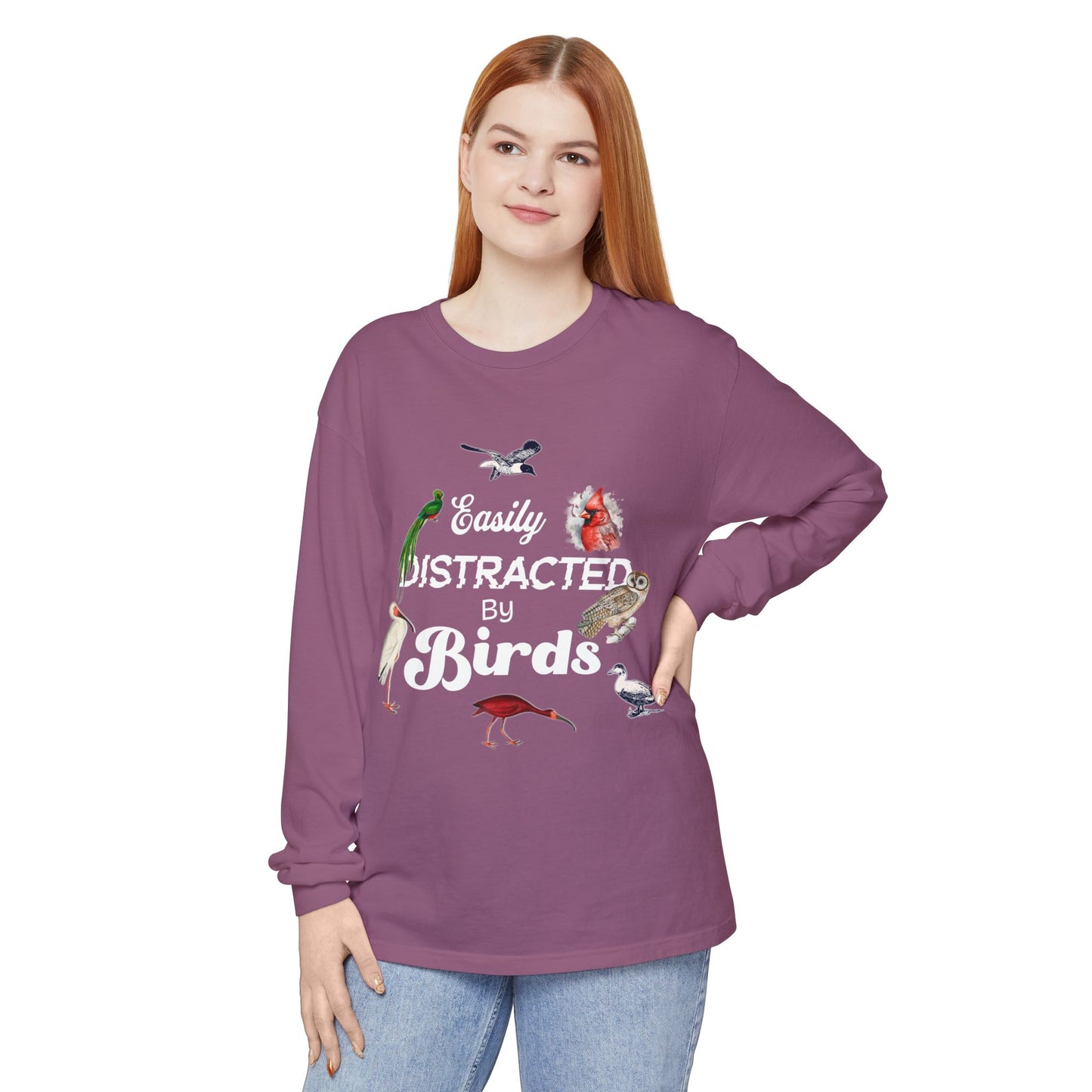 Easily Distracted by Birds Long Sleeve T-Shirt | Unisex Casual Tee for Bird Lovers