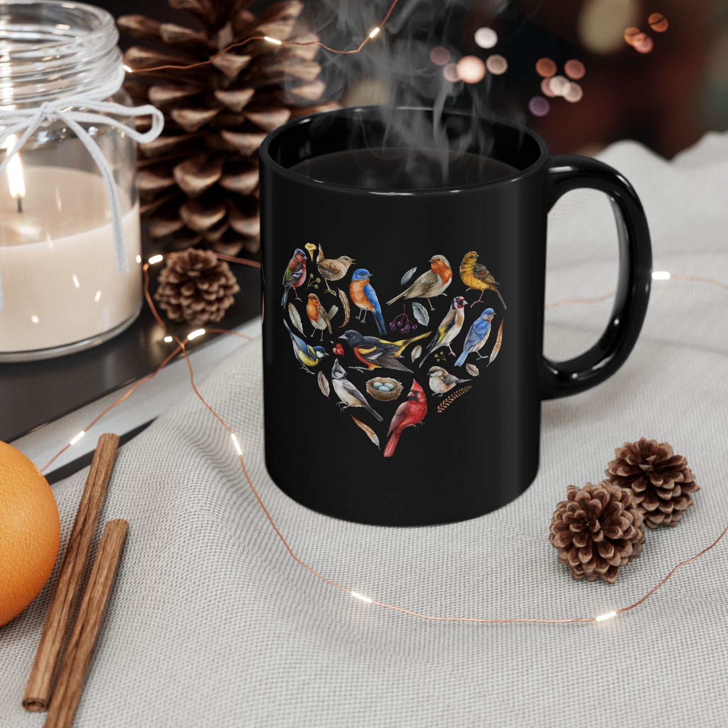 Heart of Birds Stylish Glossy Ceramic Black Mug