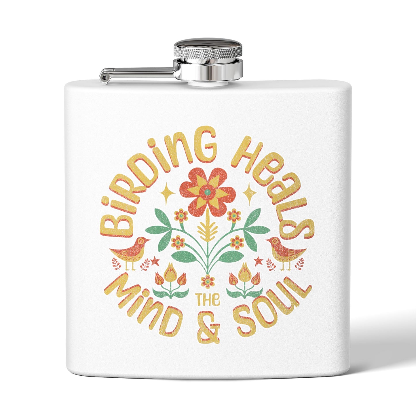 Birding Heals Birder Flask | Stainless Steel 6oz Hip Flask for Nature Lovers, Outdoor Adventures, Gifts for Birders, Hiking Accessory