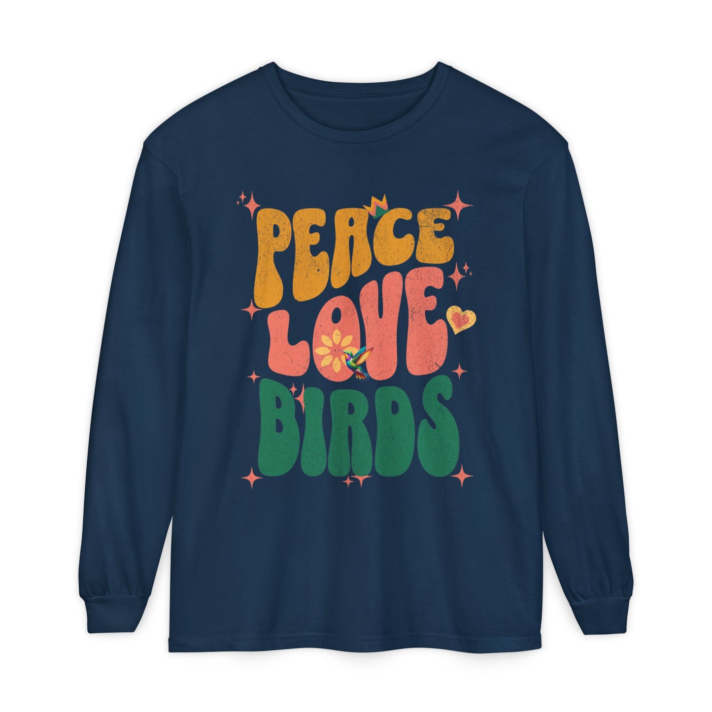 Peace Love Birds Long Sleeve T-Shirt - Unisex Garment-Dyed Tee for Relaxed Vibes