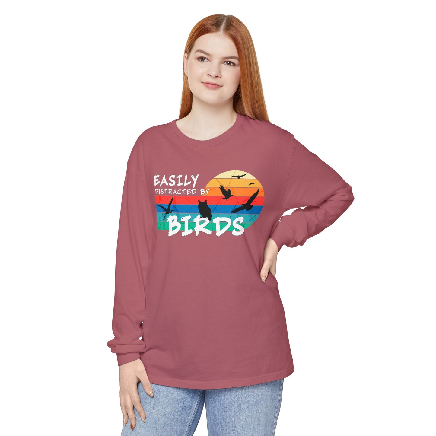 Easily Distracted by Birds Retro Sunset Long Sleeve Tee