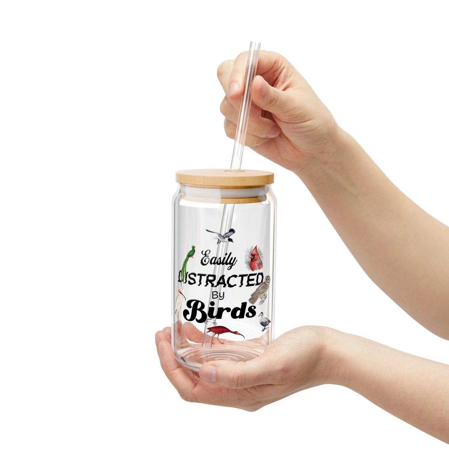 Easily Distracted By Birds 16oz Sipper Glass With Bamboo Lid