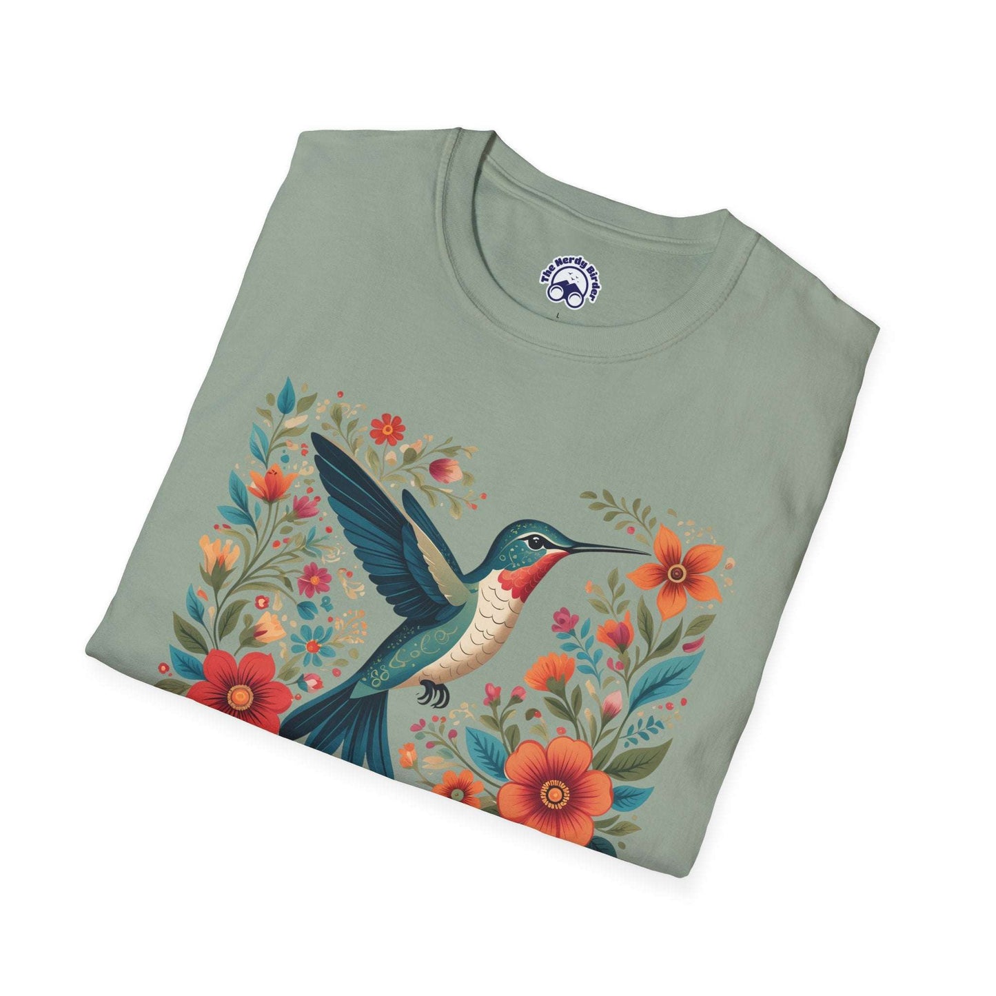 The Nerdy Birder Hummingbird in Bloom – Artistic Nature Unisex Softstyle T-Shirt