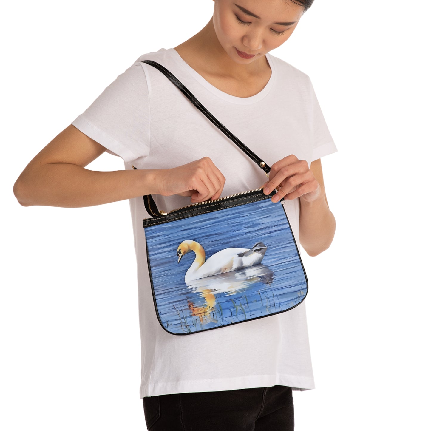 Swan Print Small Shoulder Bag, Stylish Mini Purse for Every Day, Boho Accessories, Summer Outing, Nature Lover Gift, Eco-Friendly
