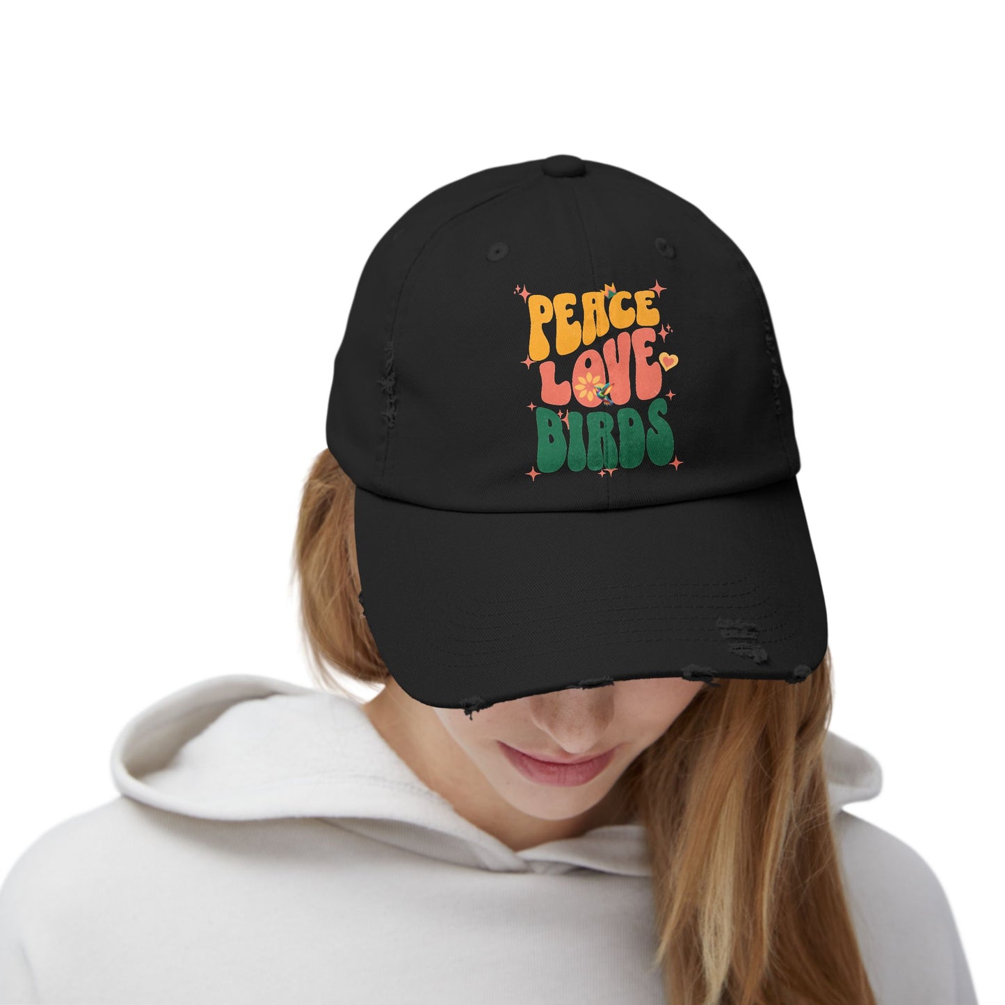Peace Love Birds Vintage Style Hat - Unisex Distressed Cap