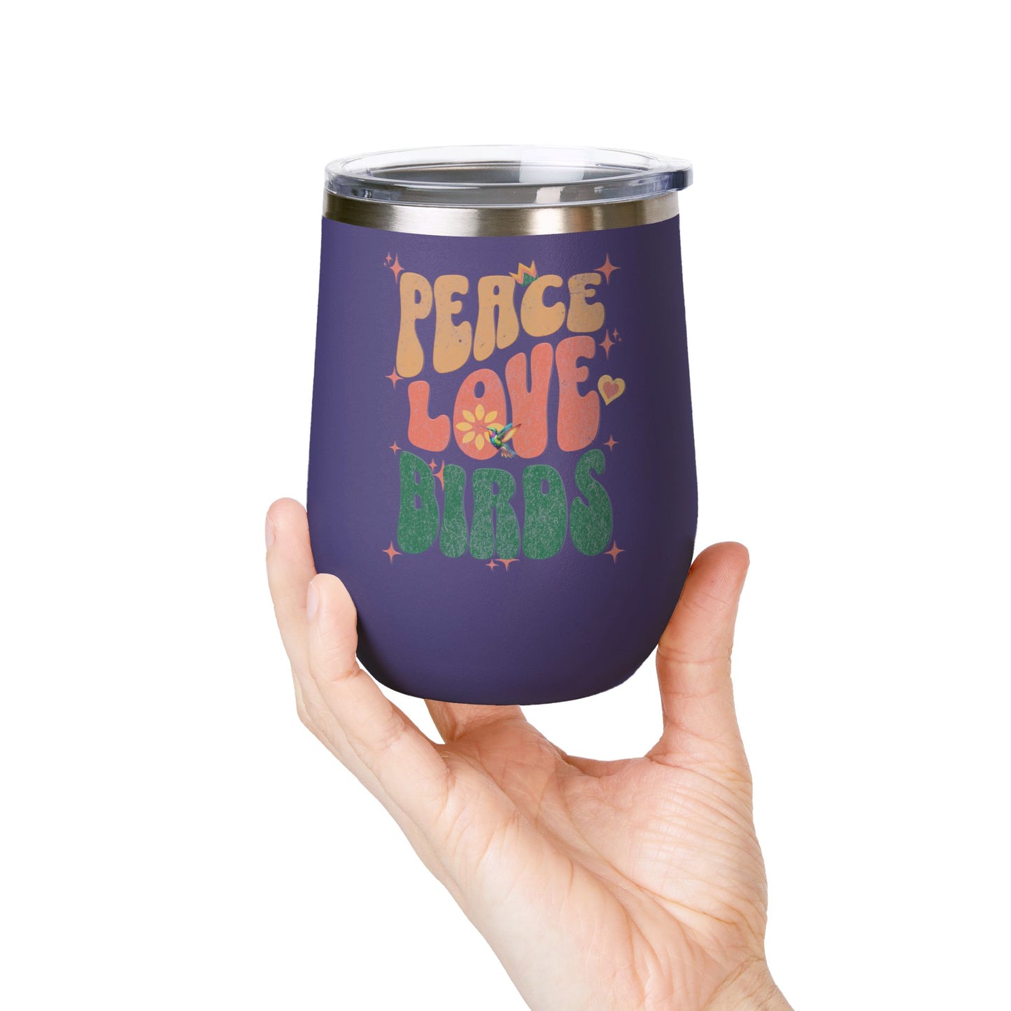 Peace Love Birds Wine Tumbler - 12oz Insulated Cup for Nature Lovers