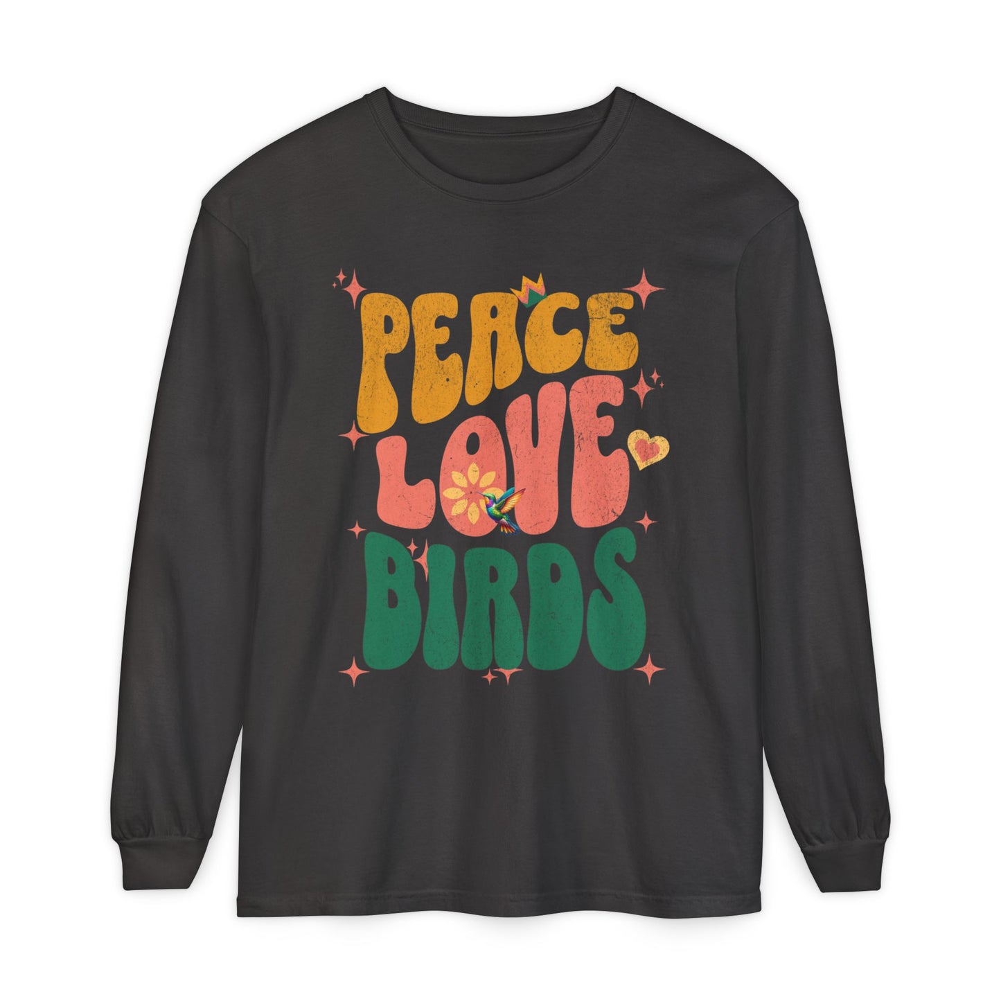 Peace Love Birds Long Sleeve T-Shirt - Unisex Garment-Dyed Tee for Relaxed Vibes