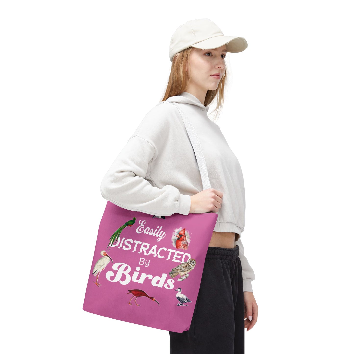 Easily Distracted by Birds Tote Bag in Pink - Fun and Quirky Bird Design for Bird Lovers