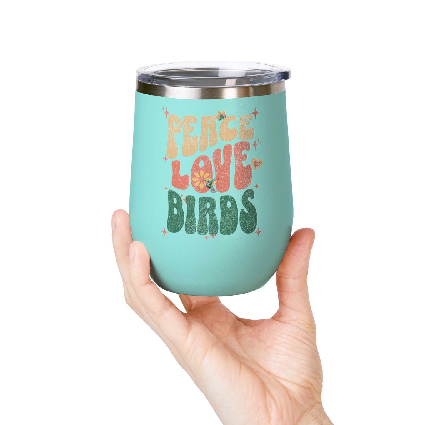 Peace Love Birds Wine Tumbler - 12oz Insulated Cup for Nature Lovers