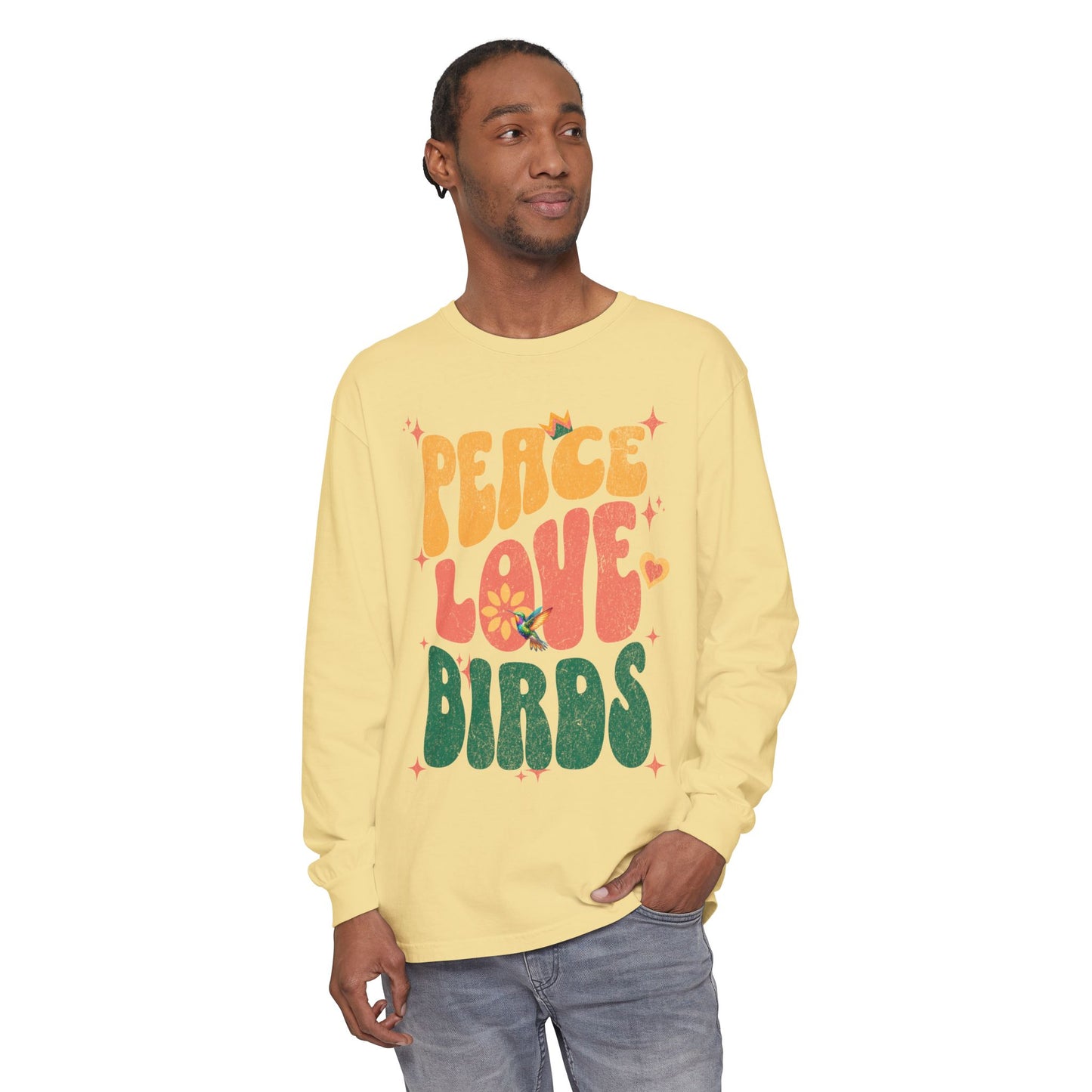 Peace Love Birds Long Sleeve T-Shirt - Unisex Garment-Dyed Tee for Relaxed Vibes