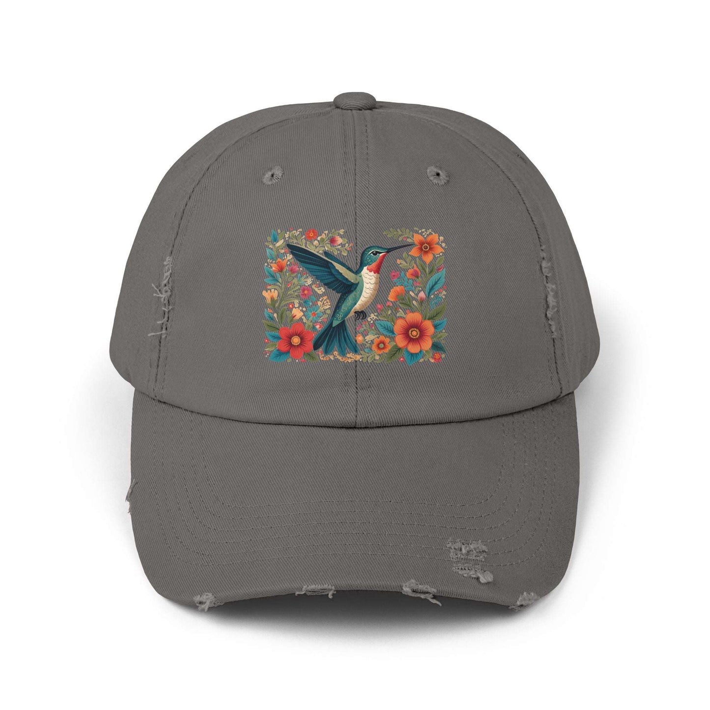 Hummingbird In Bloom Vintage Style Hat - Unisex Distressed Cap