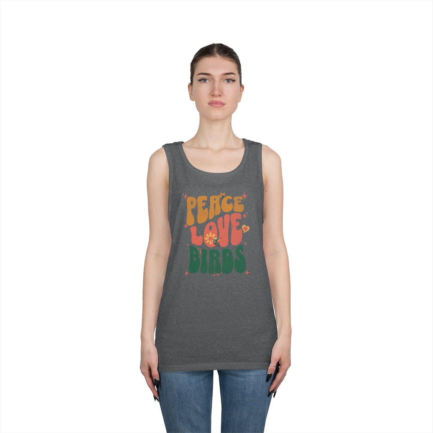 The Nerdy Birder Peace Love Birds Tank Top, Gift for Bird Lovers, Unisex Summer Wear, Fun Casual Tank