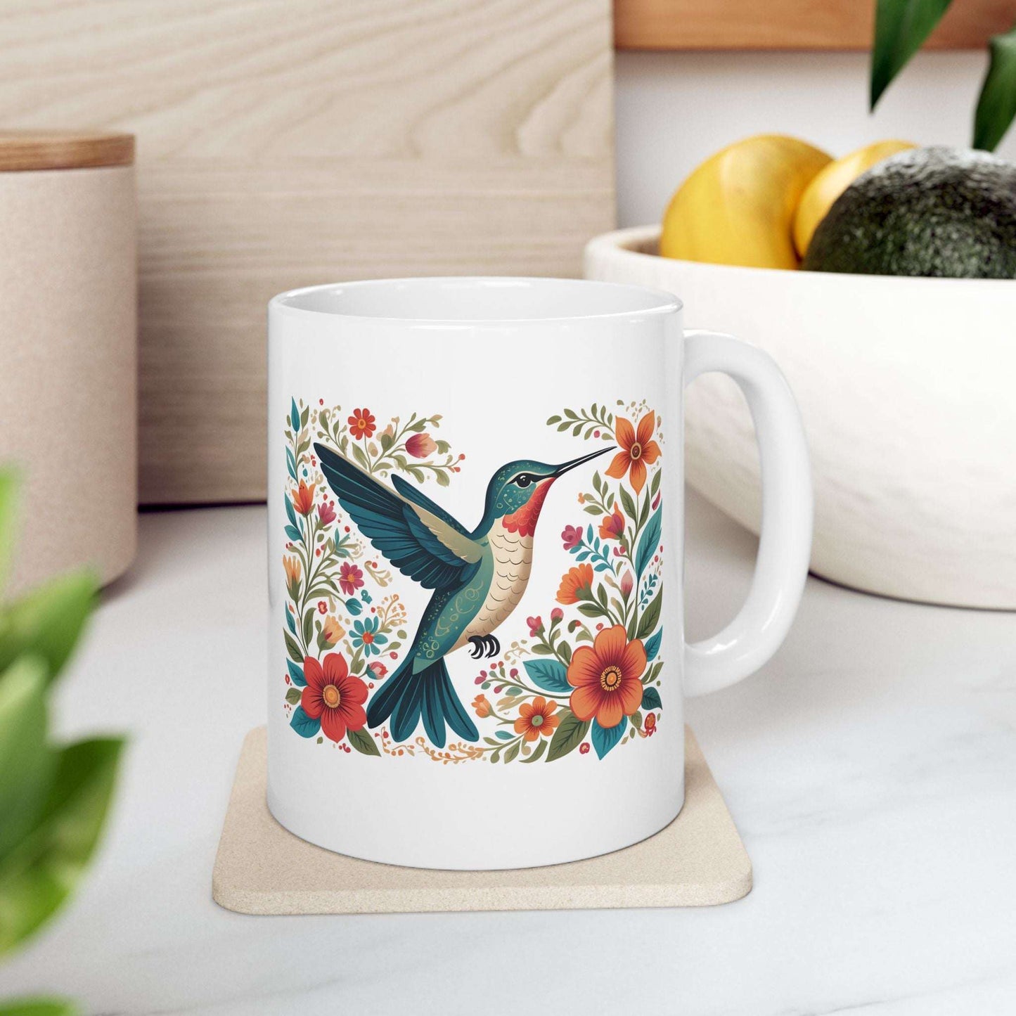 Hummingbird in Bloom White Ceramic Mug