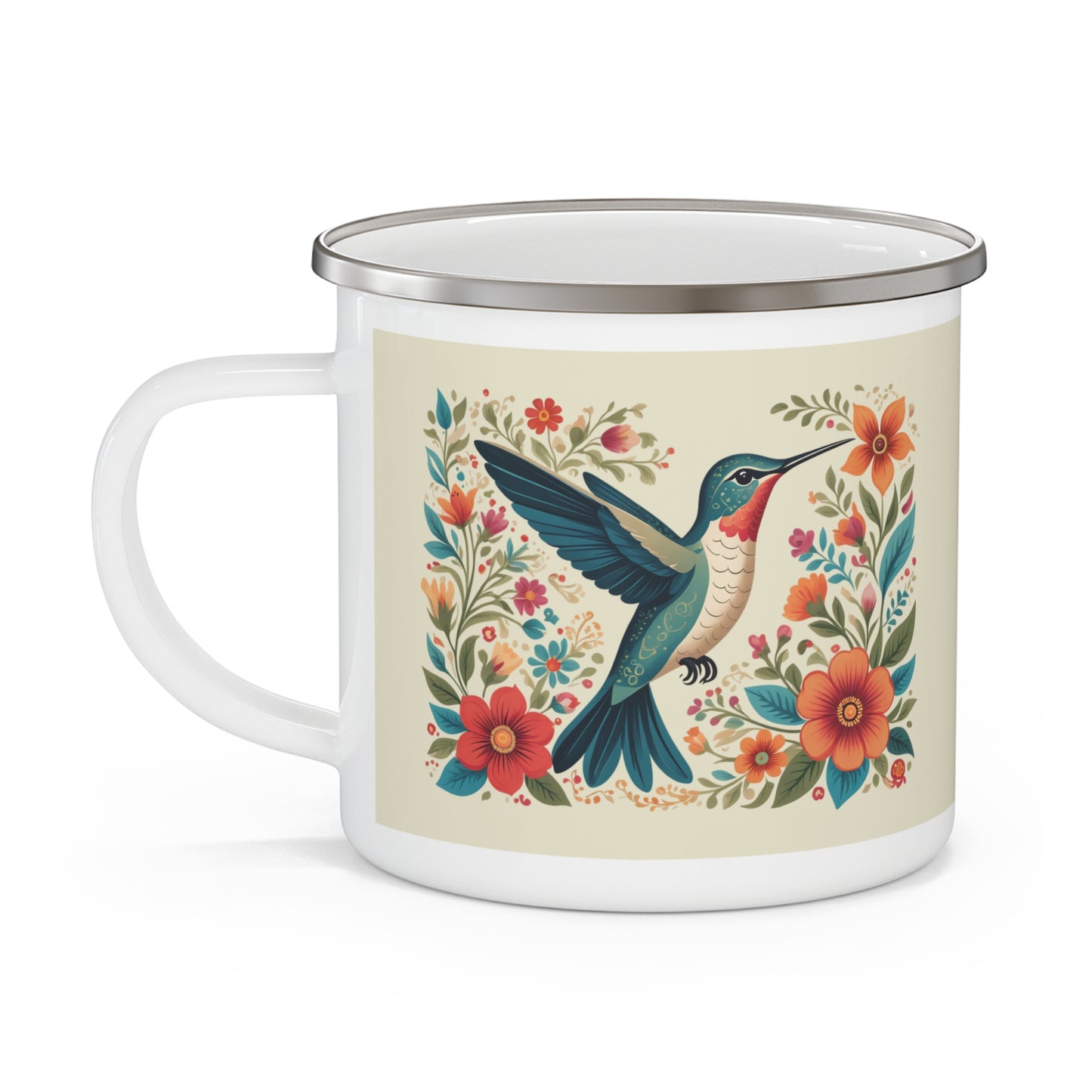 Hummingbird In Bloom Enamel Camping Mug - Nature Lover Gift, Outdoor Adventure Drinkware