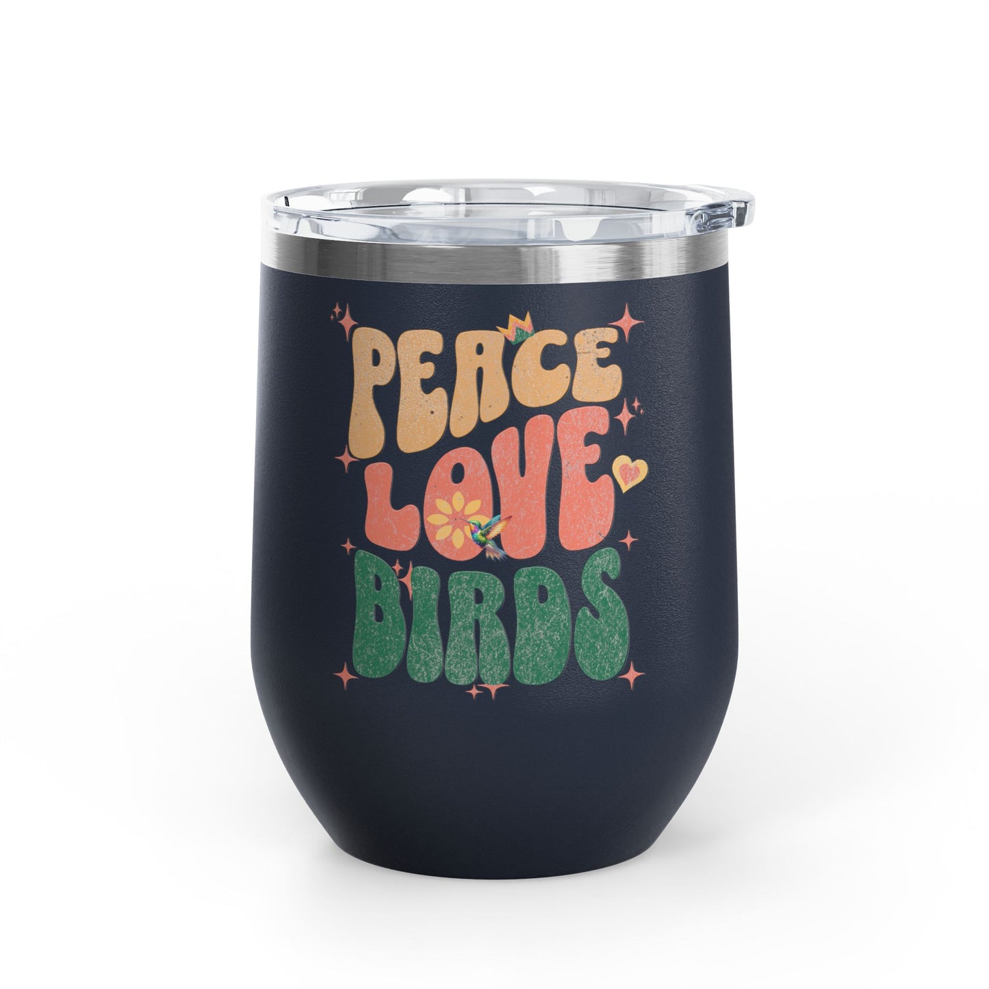 Peace Love Birds Wine Tumbler - 12oz Insulated Cup for Nature Lovers