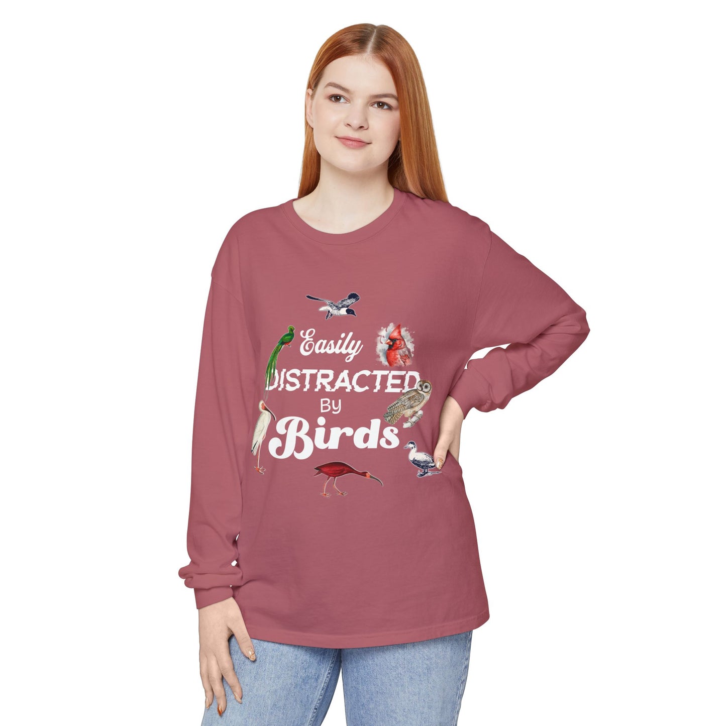 Easily Distracted by Birds Long Sleeve T-Shirt | Unisex Casual Tee for Bird Lovers