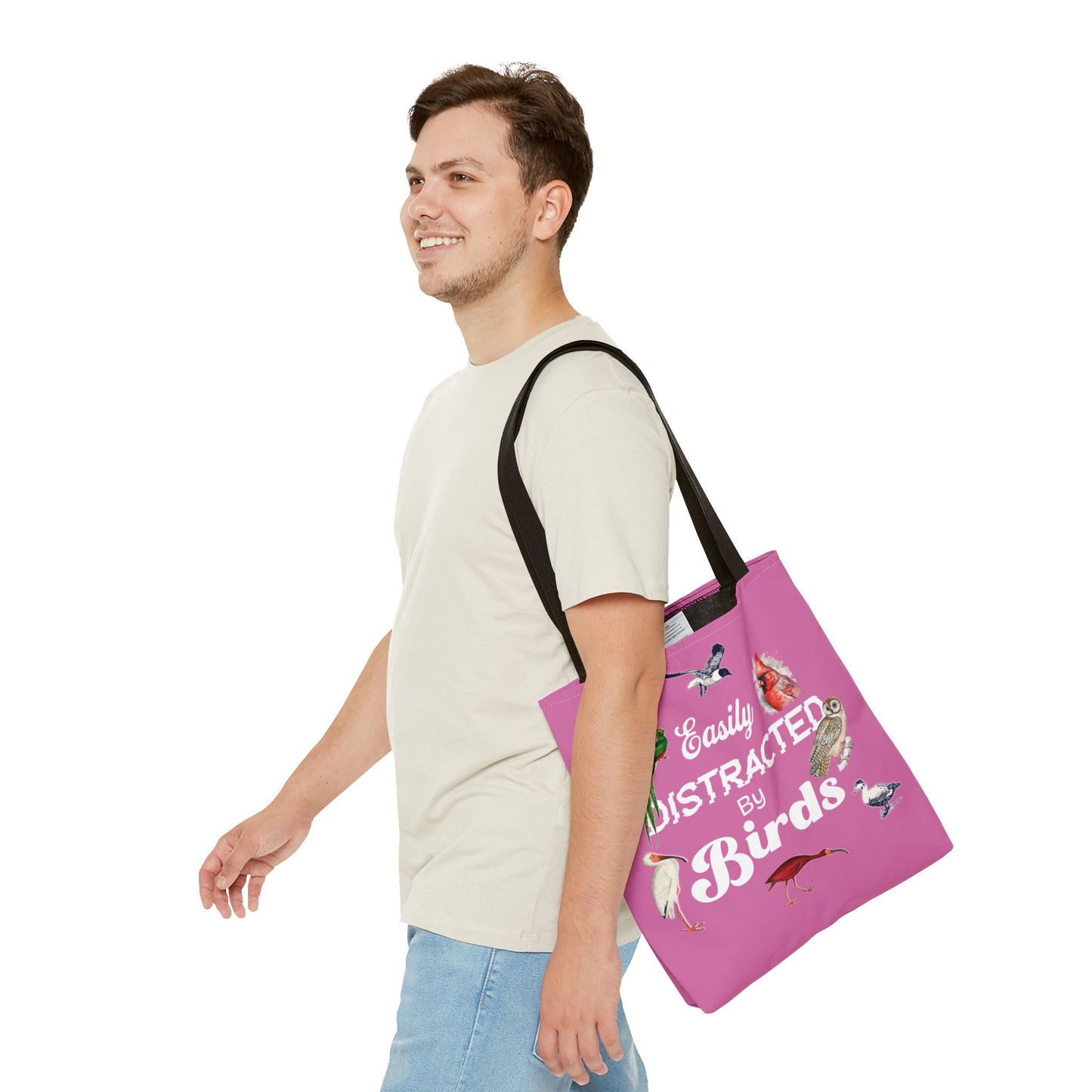 Easily Distracted by Birds Tote Bag in Pink - Fun and Quirky Bird Design for Bird Lovers
