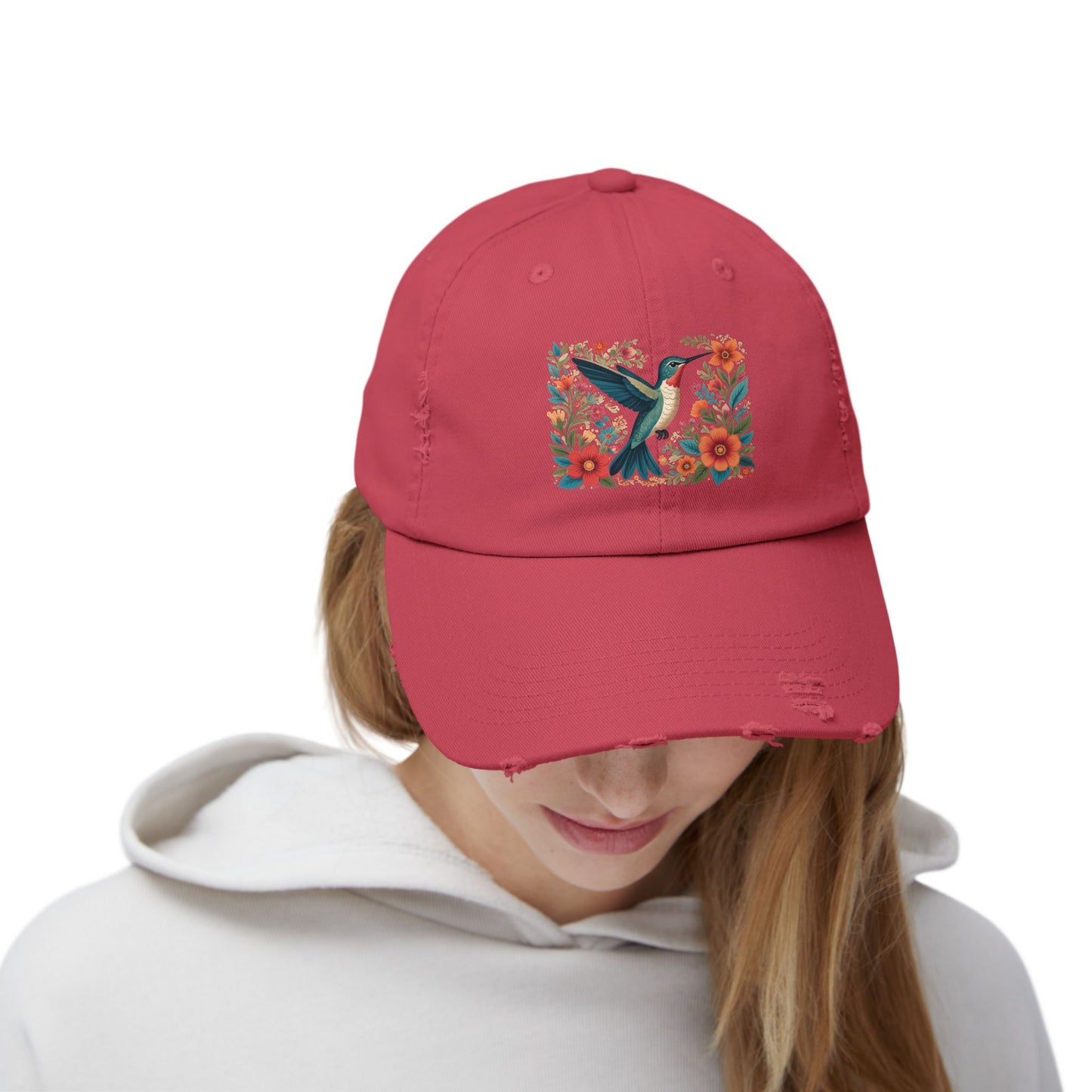 Hummingbird In Bloom Vintage Style Hat - Unisex Distressed Cap