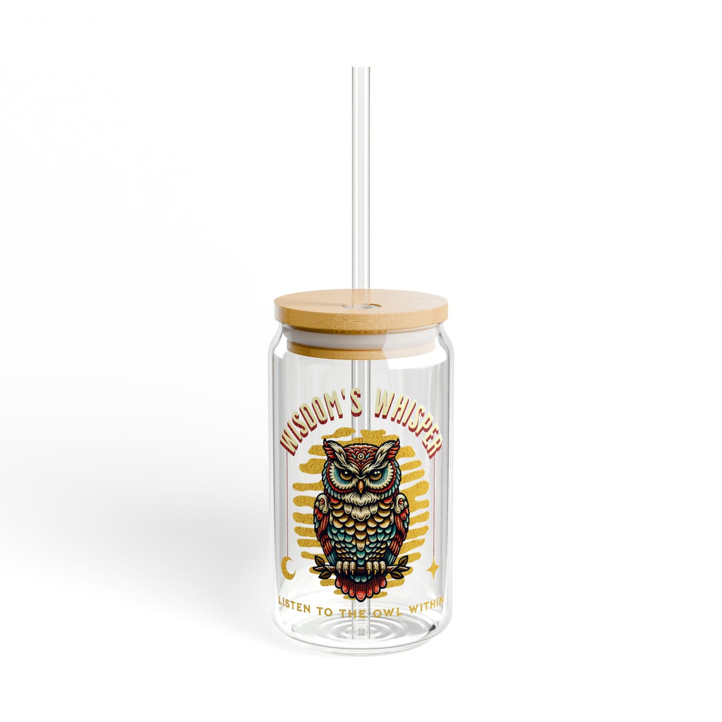 The Nerdy Birder Owl-Themed 16oz Sipper Glass - ‘Wisdom’s Whisper’ with Bamboo Lid