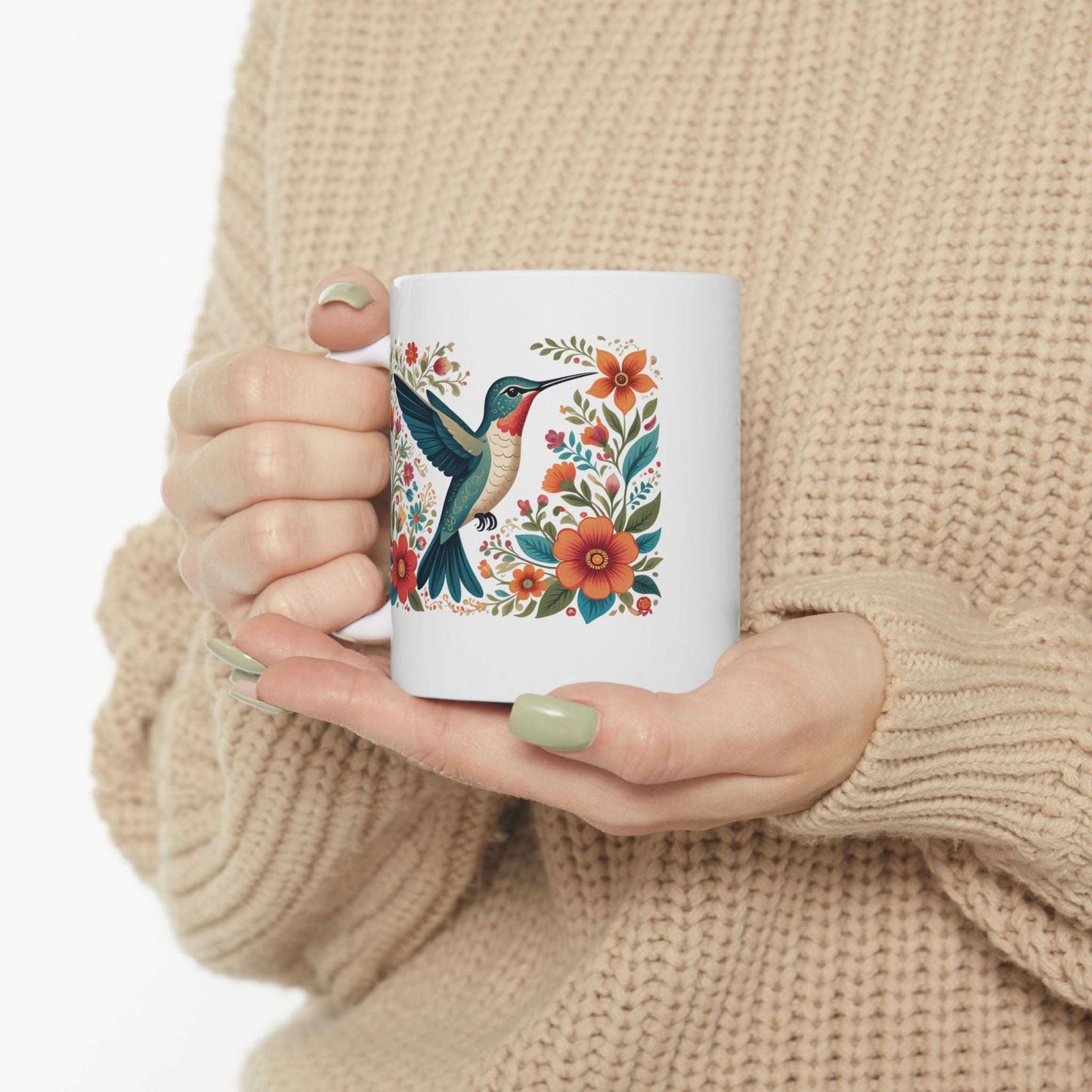 Hummingbird in Bloom White Ceramic Mug