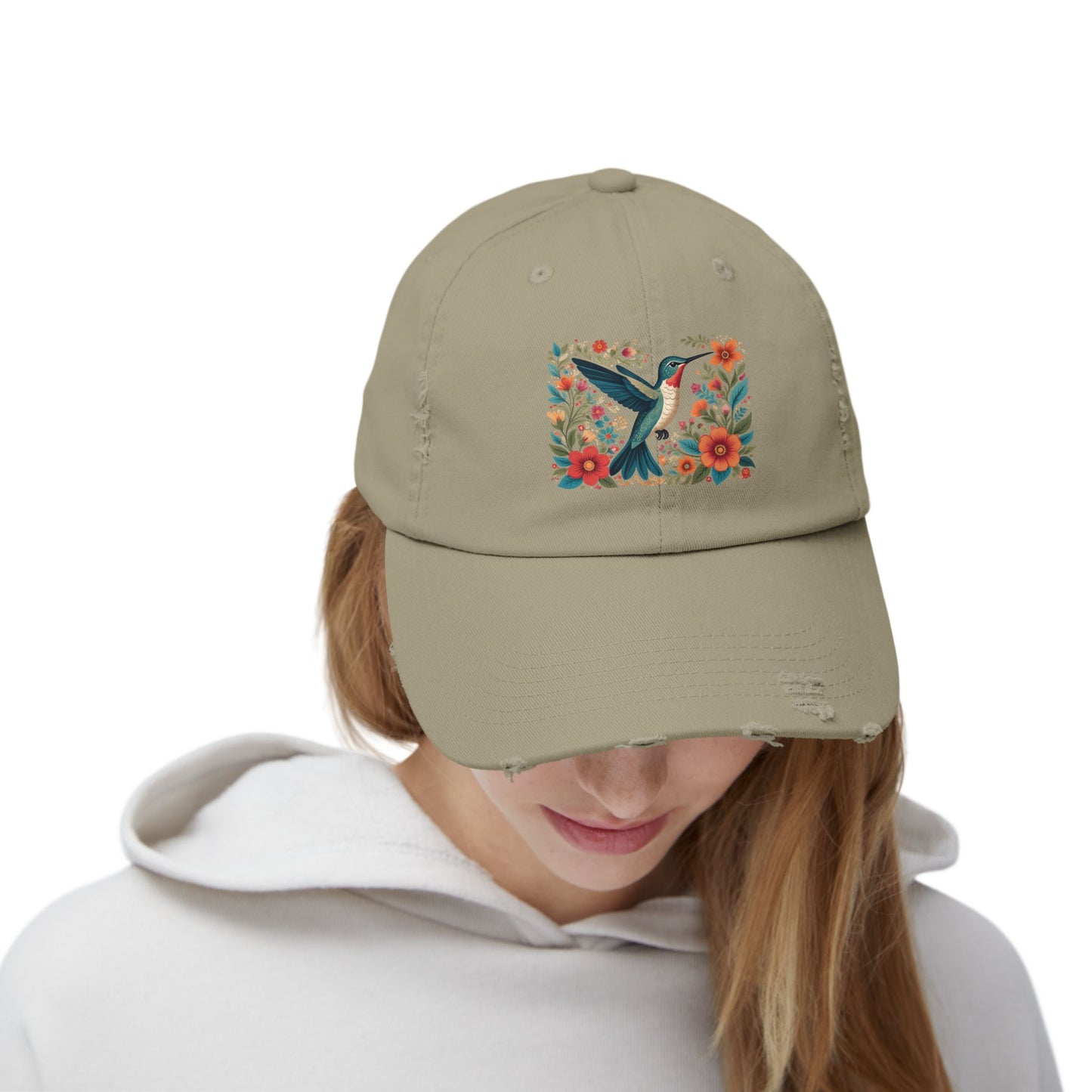 Hummingbird In Bloom Vintage Style Hat - Unisex Distressed Cap