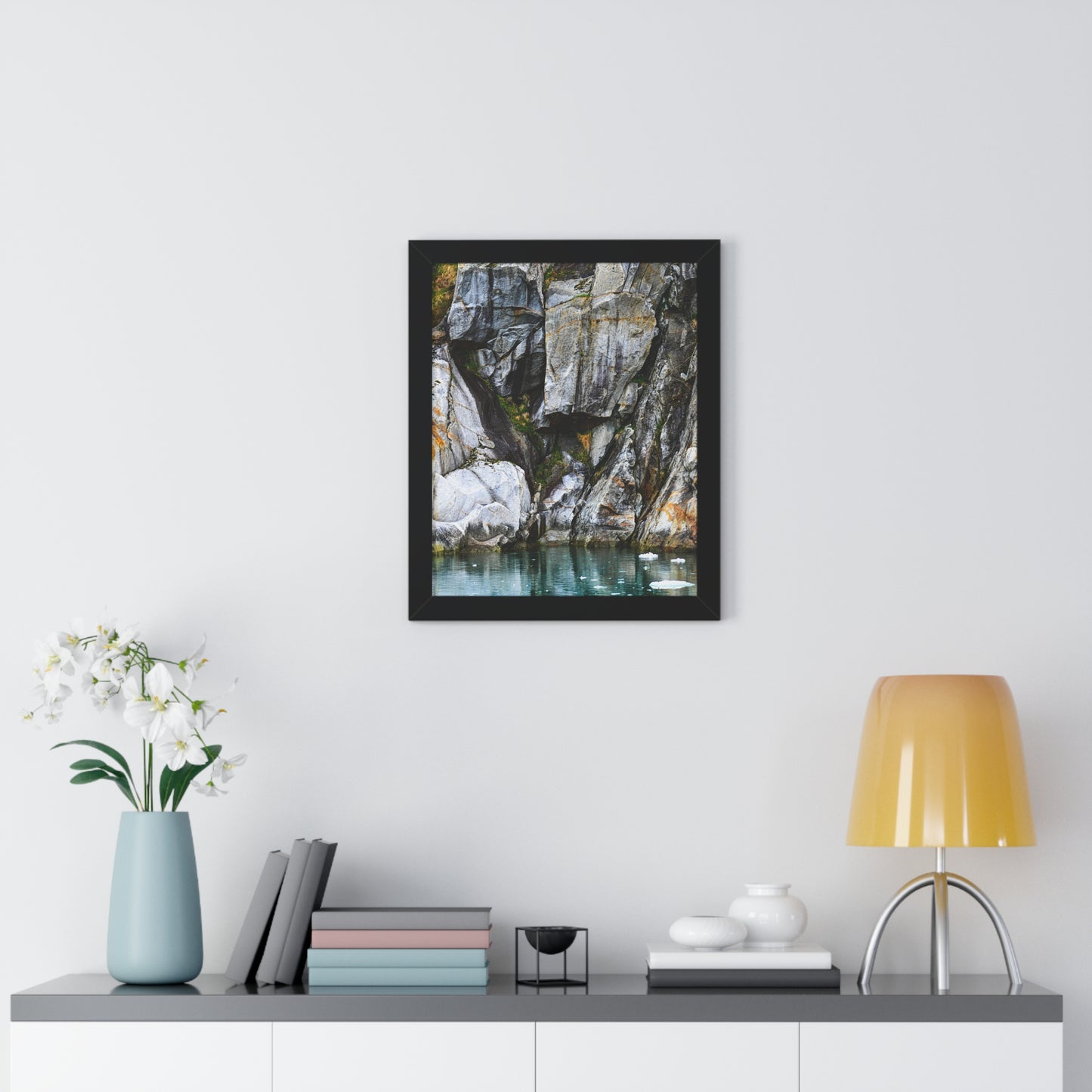 Serene Nature Framed Vertical Poster - Coastal Rock Reflection Art