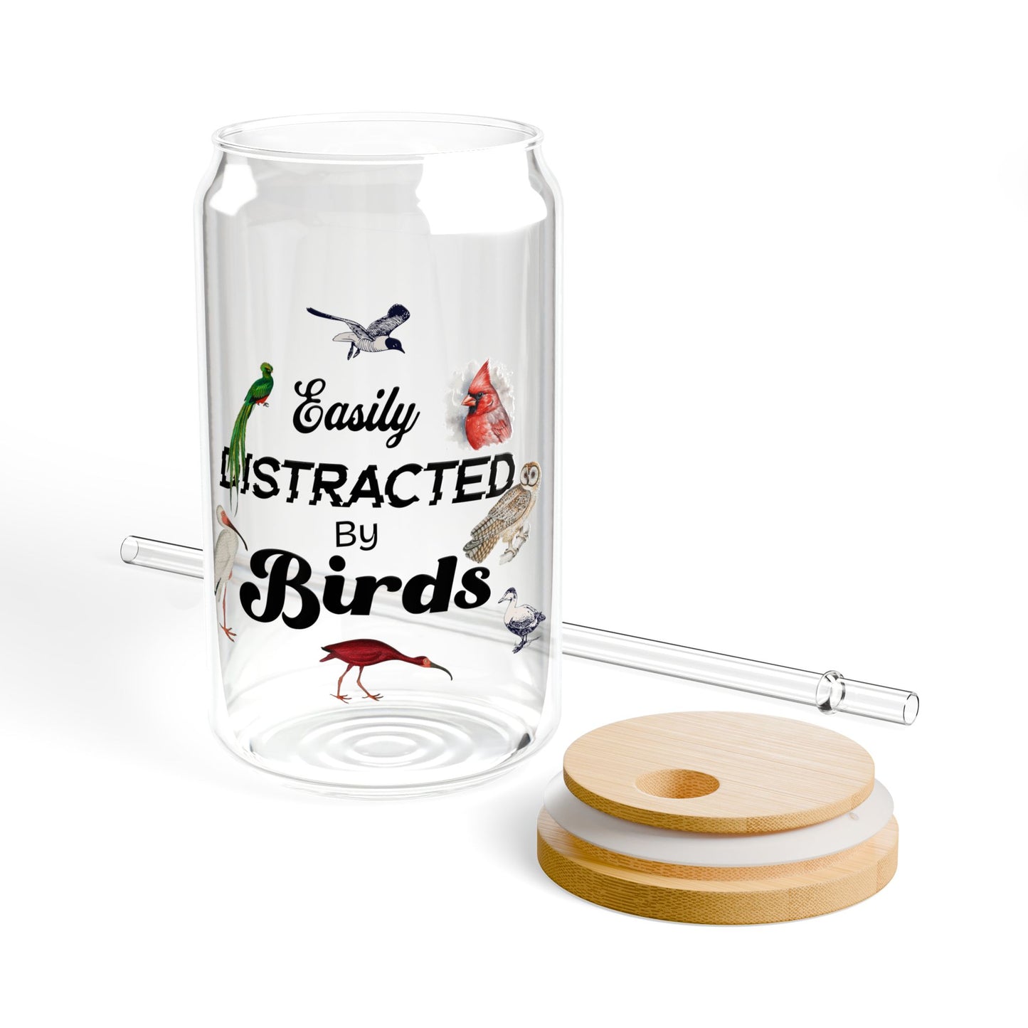 Easily Distracted By Birds 16oz Sipper Glass With Bamboo Lid
