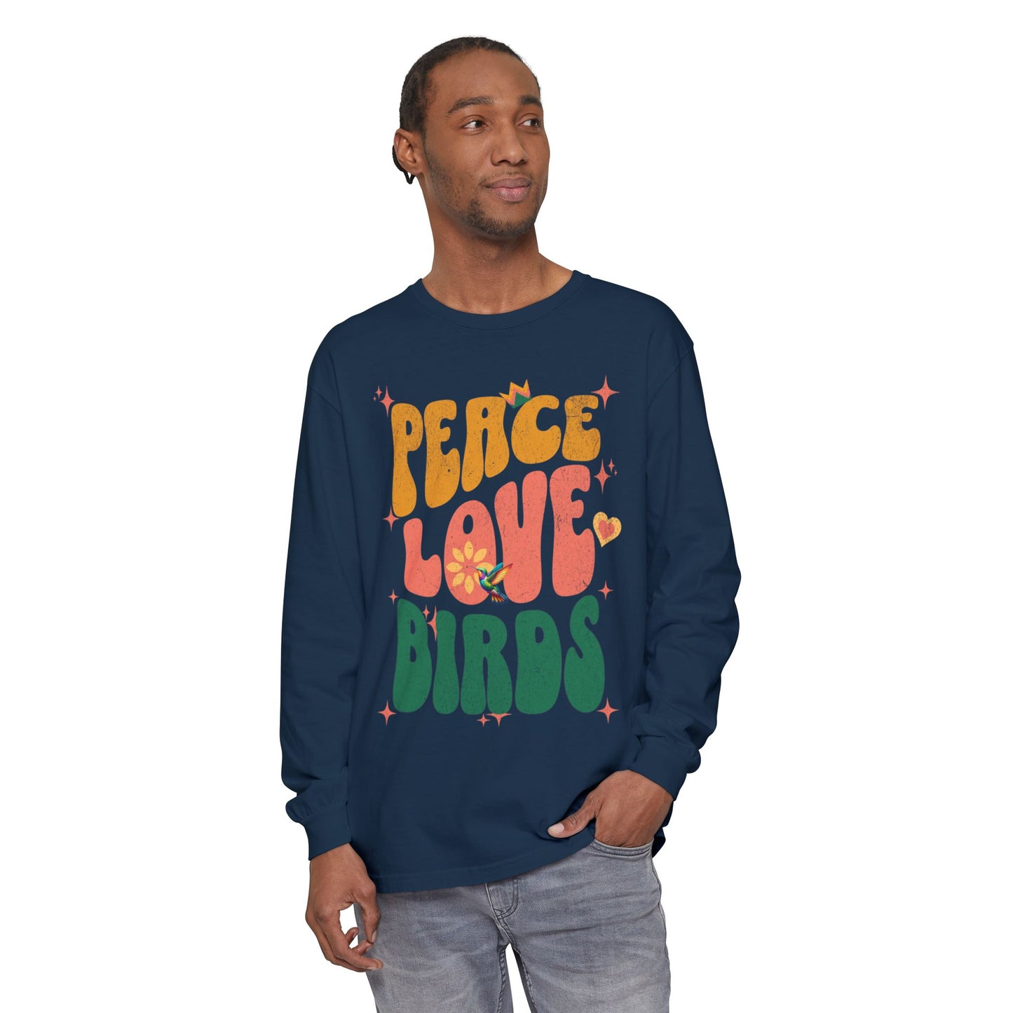 Peace Love Birds Long Sleeve T-Shirt - Unisex Garment-Dyed Tee for Relaxed Vibes