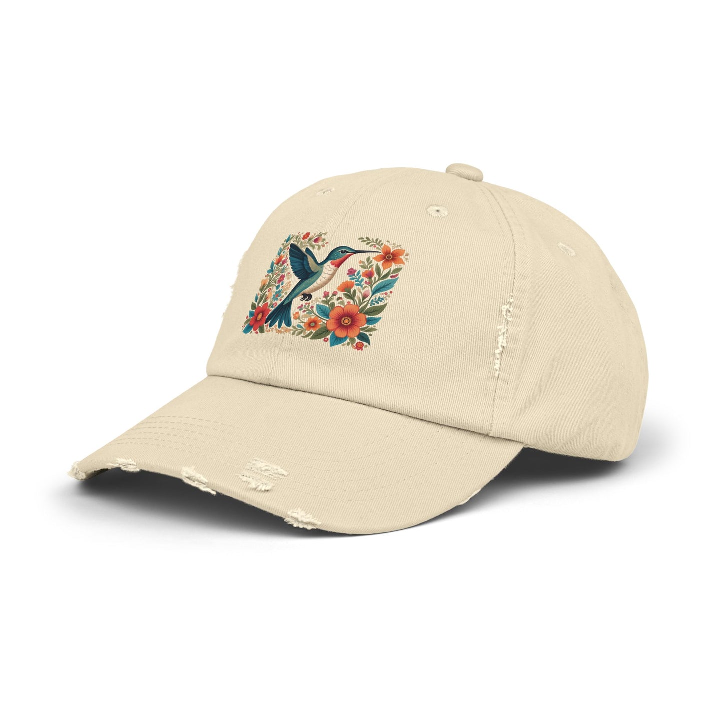 Hummingbird In Bloom Vintage Style Hat - Unisex Distressed Cap