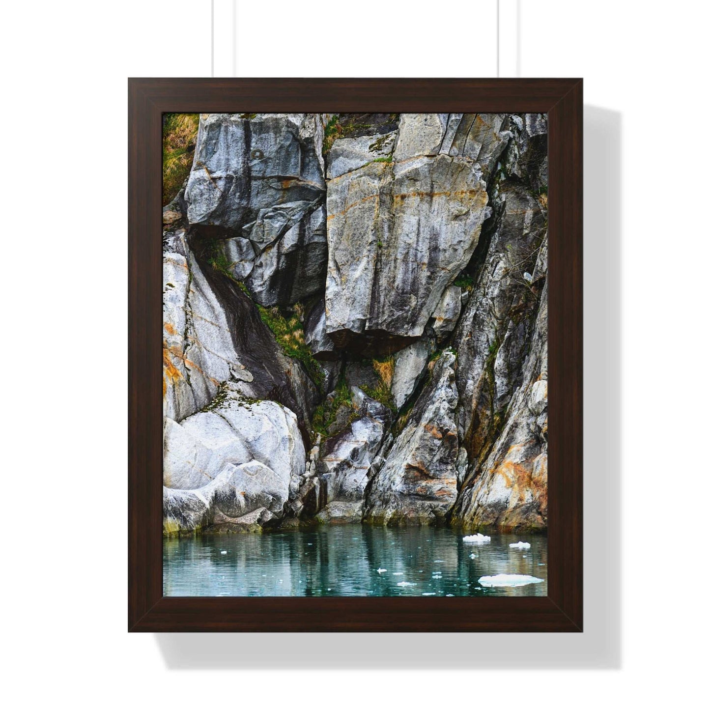 Serene Nature Framed Vertical Poster - Coastal Rock Reflection Art