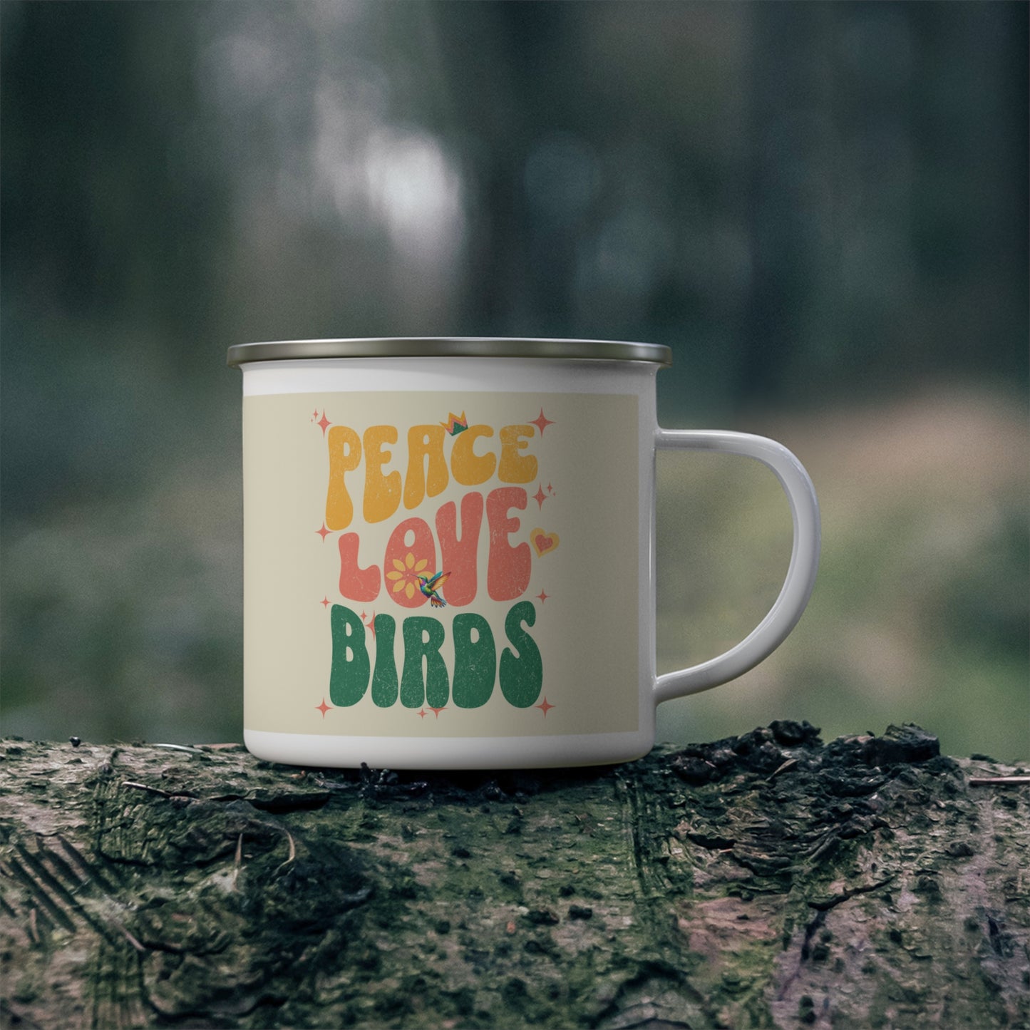 Peace Lover Birds Enamel Camping Mug - Nature Lover Gift, Outdoor Adventure Drinkware